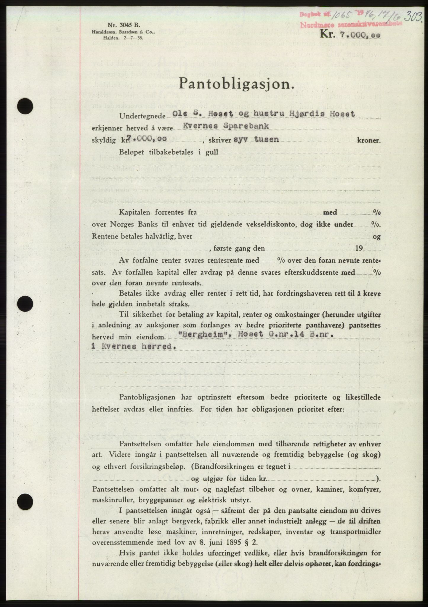 Nordmøre sorenskriveri, AV/SAT-A-4132/1/2/2Ca: Pantebok nr. B94, 1946-1946, Dagboknr: 1065/1946