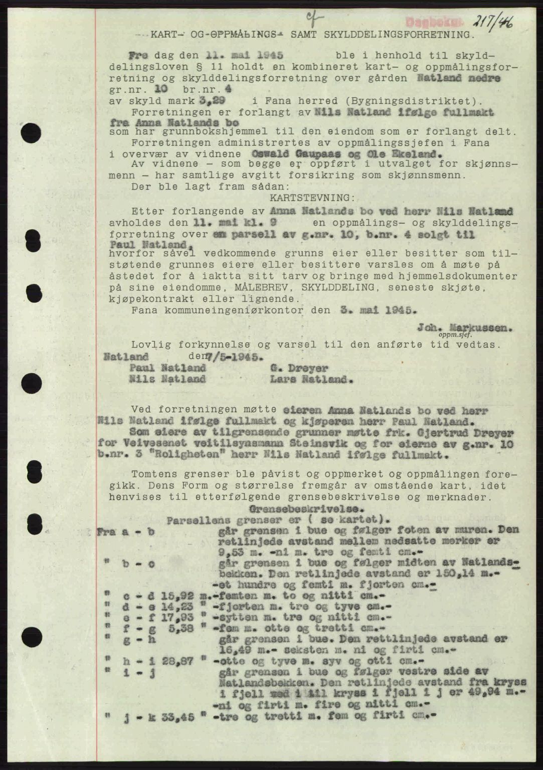 Midhordland sorenskriveri, SAB/A-3001/1/G/Gb/Gbj/L0022: Pantebok nr. A41-43, 1946-1946, Dagboknr: 217/1946