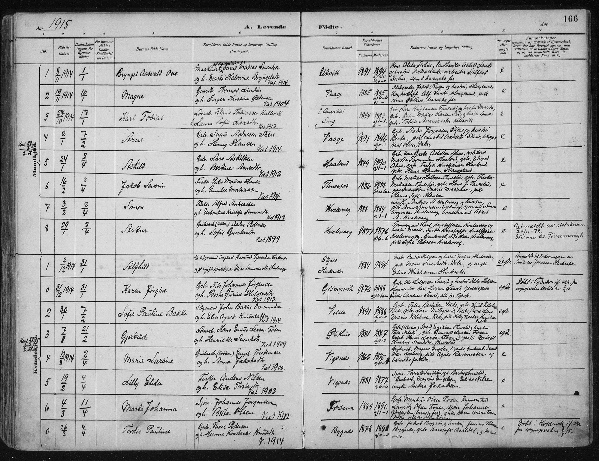 Avaldsnes sokneprestkontor, AV/SAST-A -101851/H/Ha/Haa/L0017: Ministerialbok nr. A 17, 1889-1920, s. 166