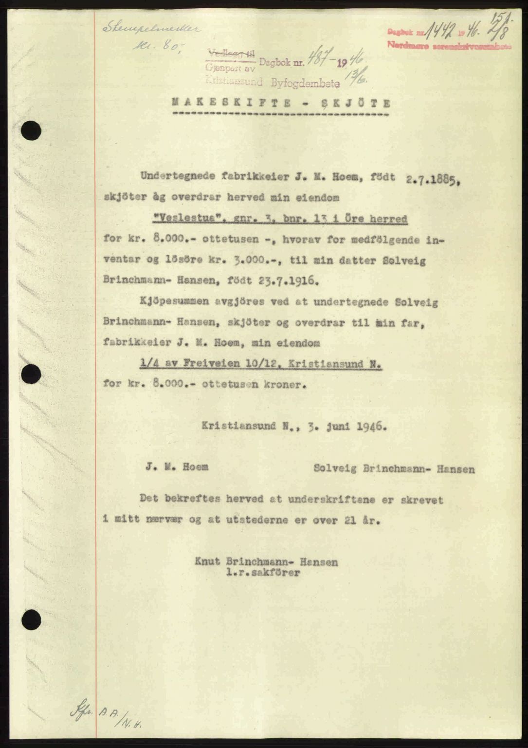 Nordmøre sorenskriveri, SAT/A-4132/1/2/2Ca: Pantebok nr. A102, 1946-1946, Dagboknr: 1442/1946
