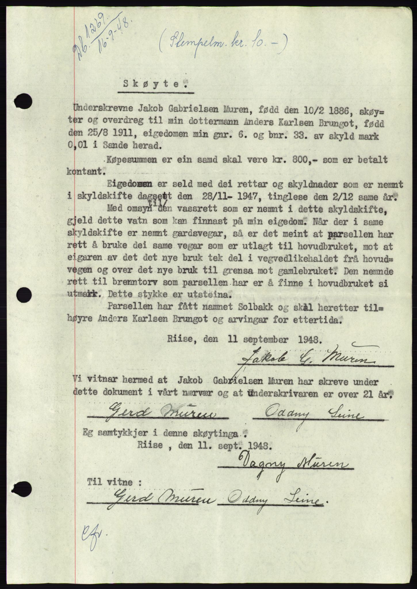 Søre Sunnmøre sorenskriveri, AV/SAT-A-4122/1/2/2C/L0083: Pantebok nr. 9A, 1948-1949, Dagboknr: 1269/1948