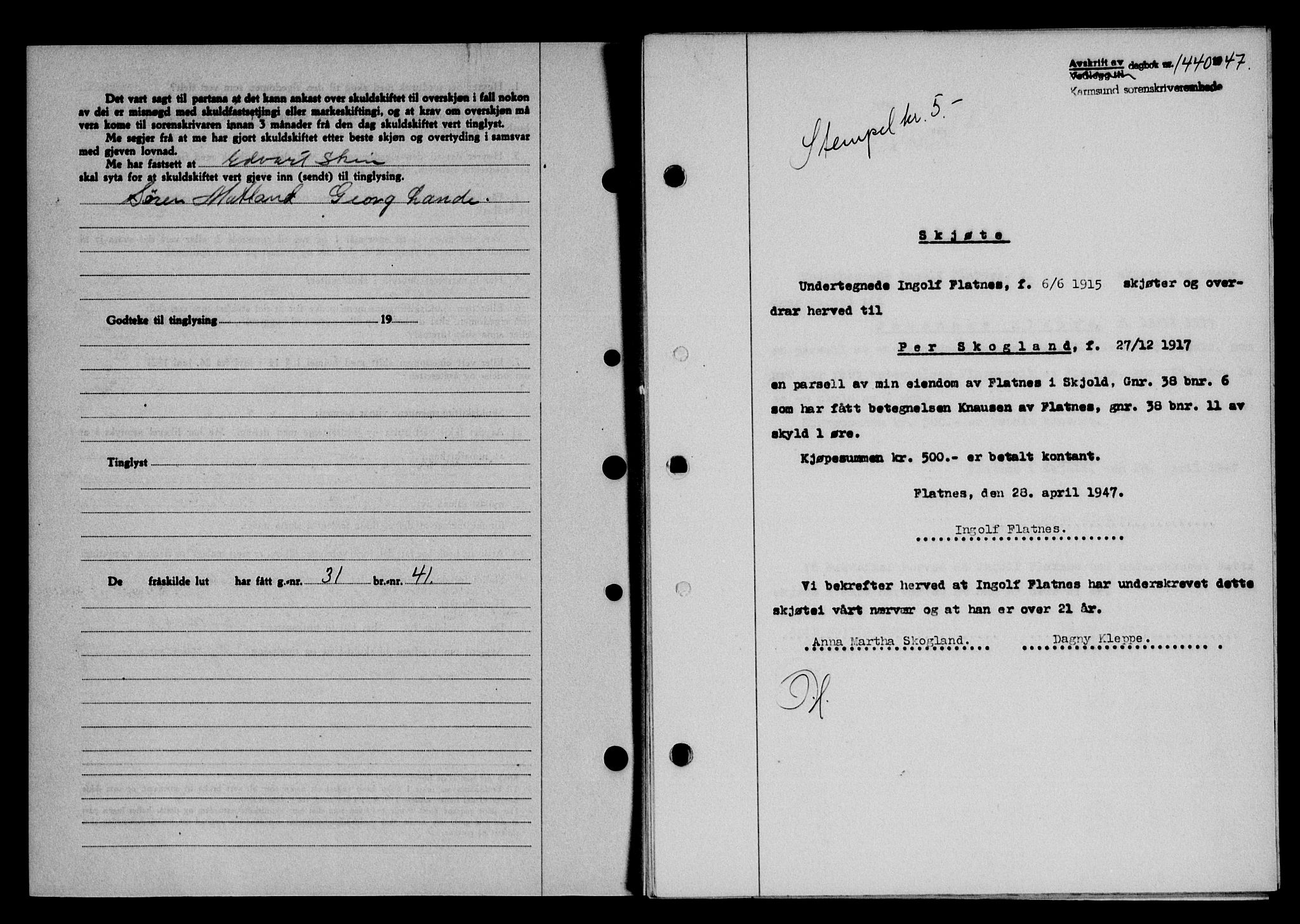 Karmsund sorenskriveri, SAST/A-100311/01/II/IIB/L0090: Pantebok nr. 70A, 1947-1947, Dagboknr: 1440/1947