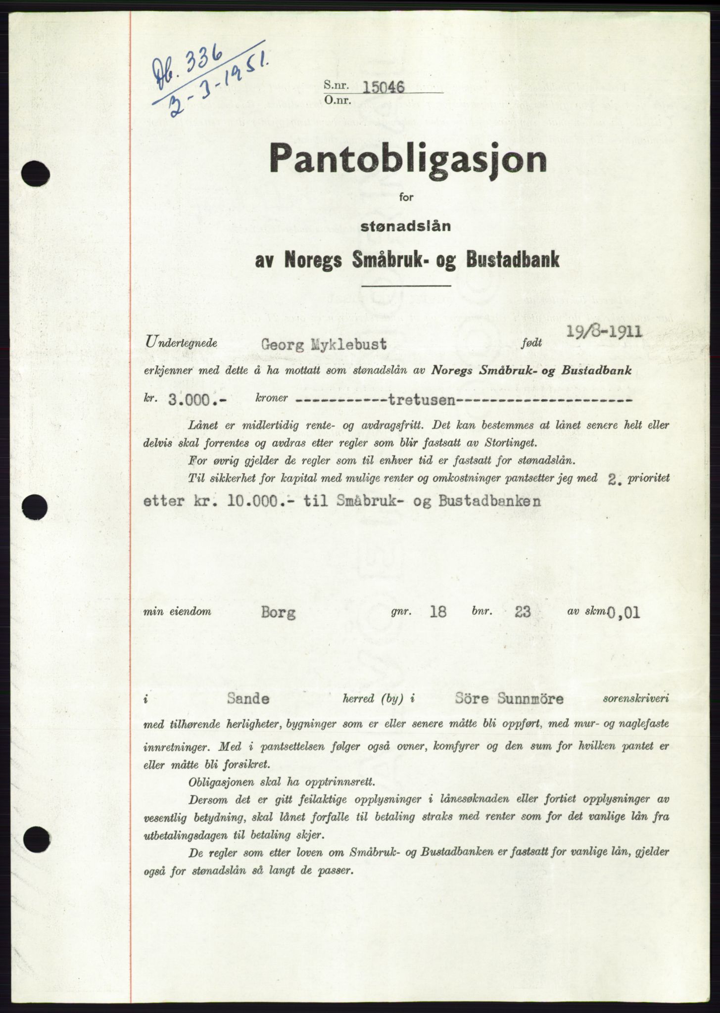 Søre Sunnmøre sorenskriveri, SAT/A-4122/1/2/2C/L0119: Pantebok nr. 7B, 1950-1951, Dagboknr: 336/1951