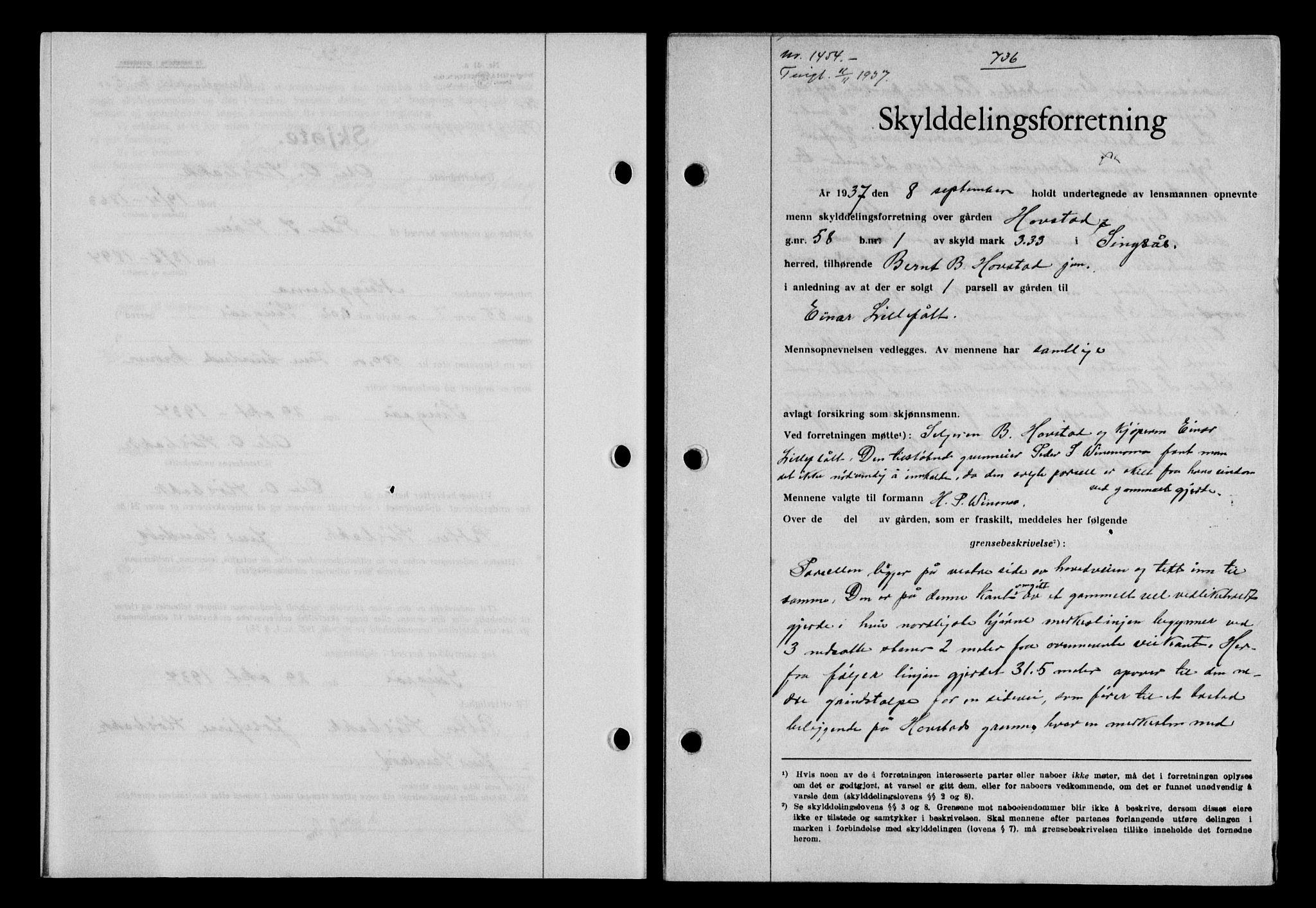 Gauldal sorenskriveri, SAT/A-0014/1/2/2C/L0048: Pantebok nr. 51-52, 1937-1938, s. 736, Dagboknr: 1454/1937