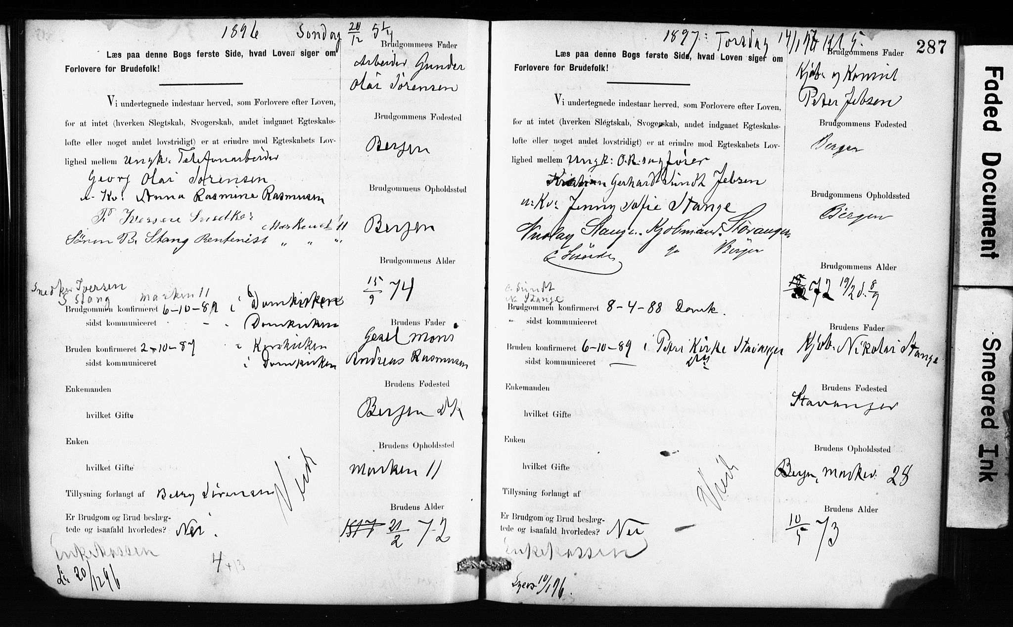 Domkirken sokneprestembete, SAB/A-74801: Forlovererklæringer nr. II.5.10, 1890-1899, s. 287