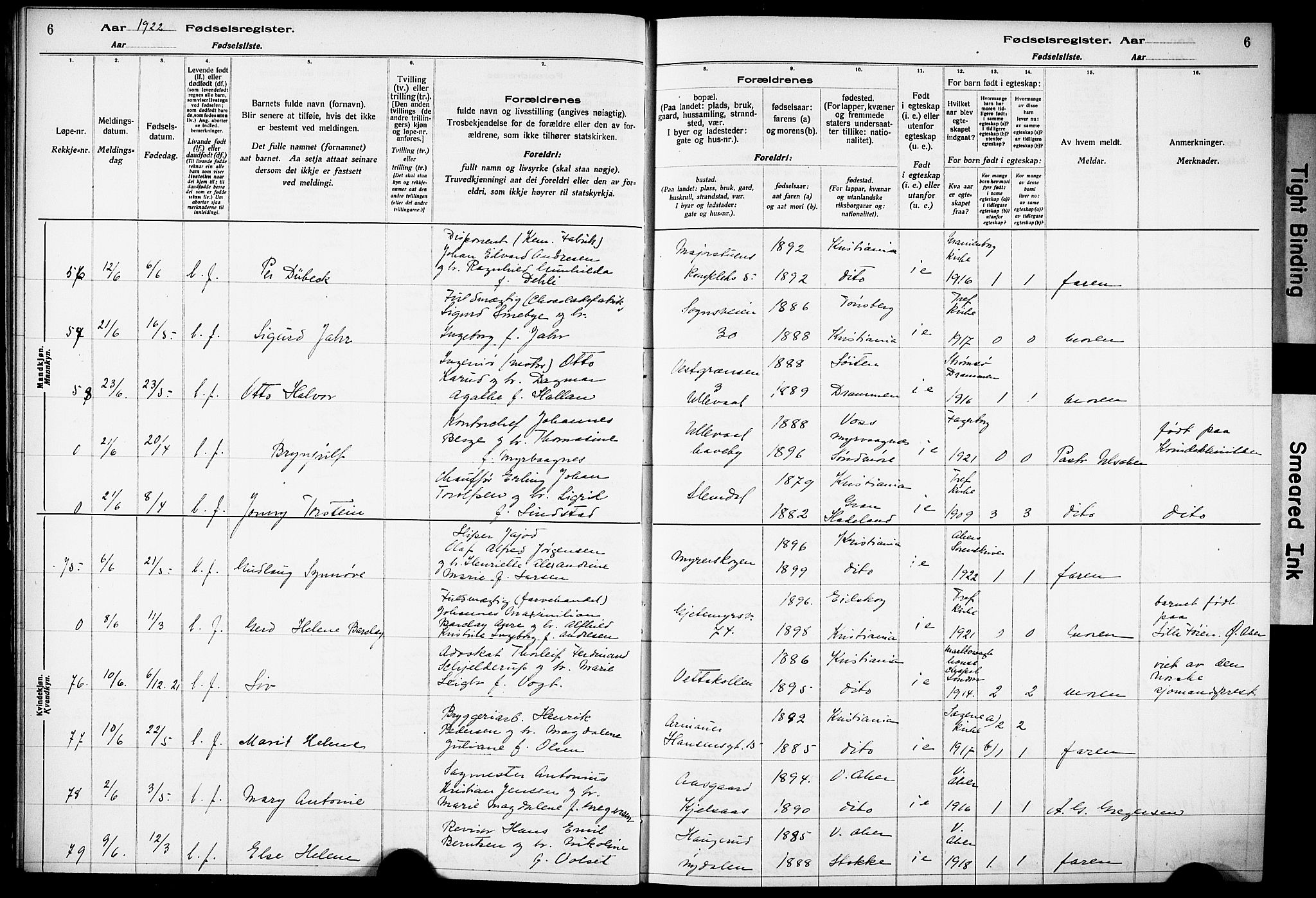 Vestre Aker prestekontor Kirkebøker, AV/SAO-A-10025/J/Ja/L0002: Fødselsregister nr. 2, 1922-1926, s. 6