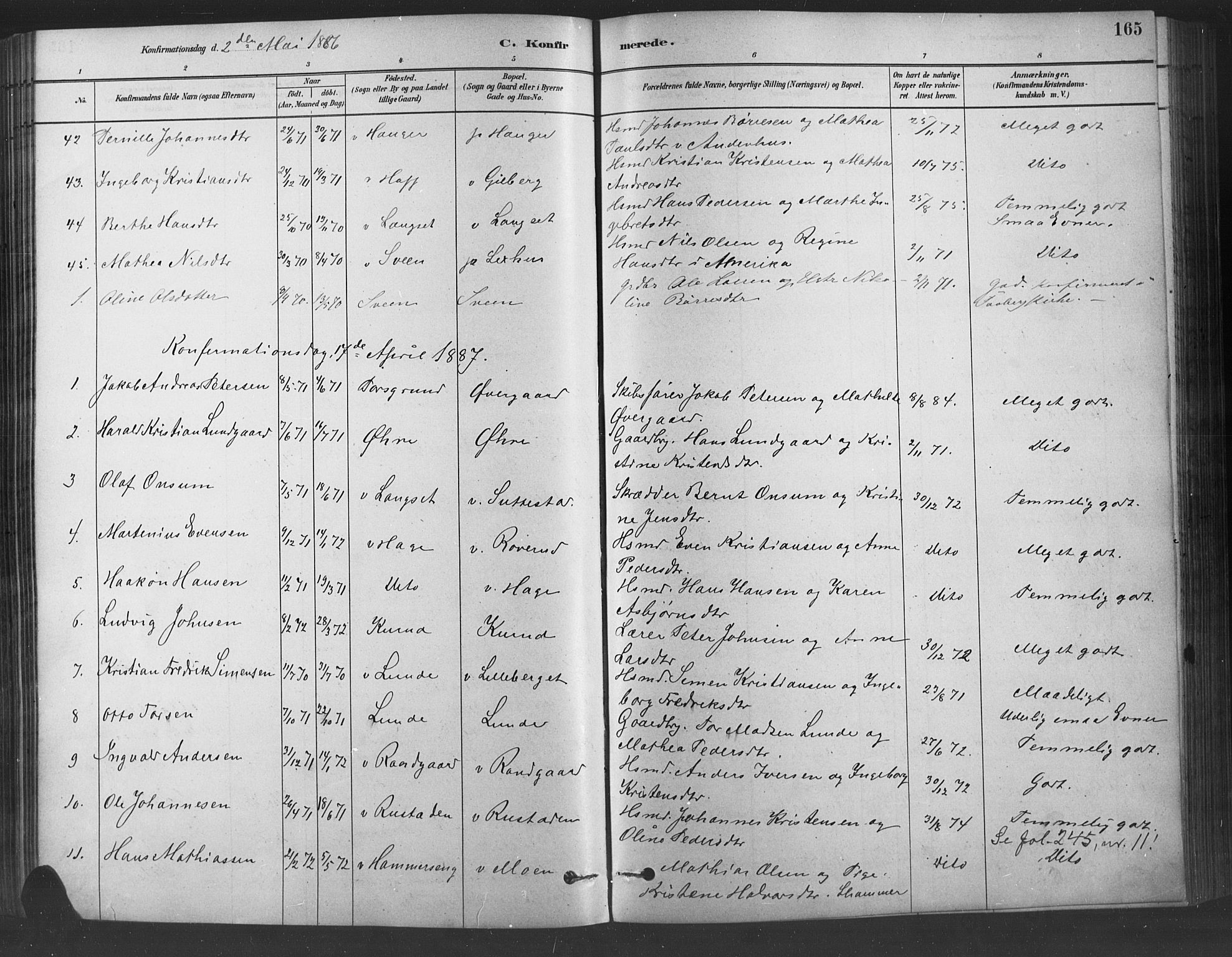 Fåberg prestekontor, AV/SAH-PREST-086/H/Ha/Haa/L0009: Ministerialbok nr. 9, 1879-1898, s. 165