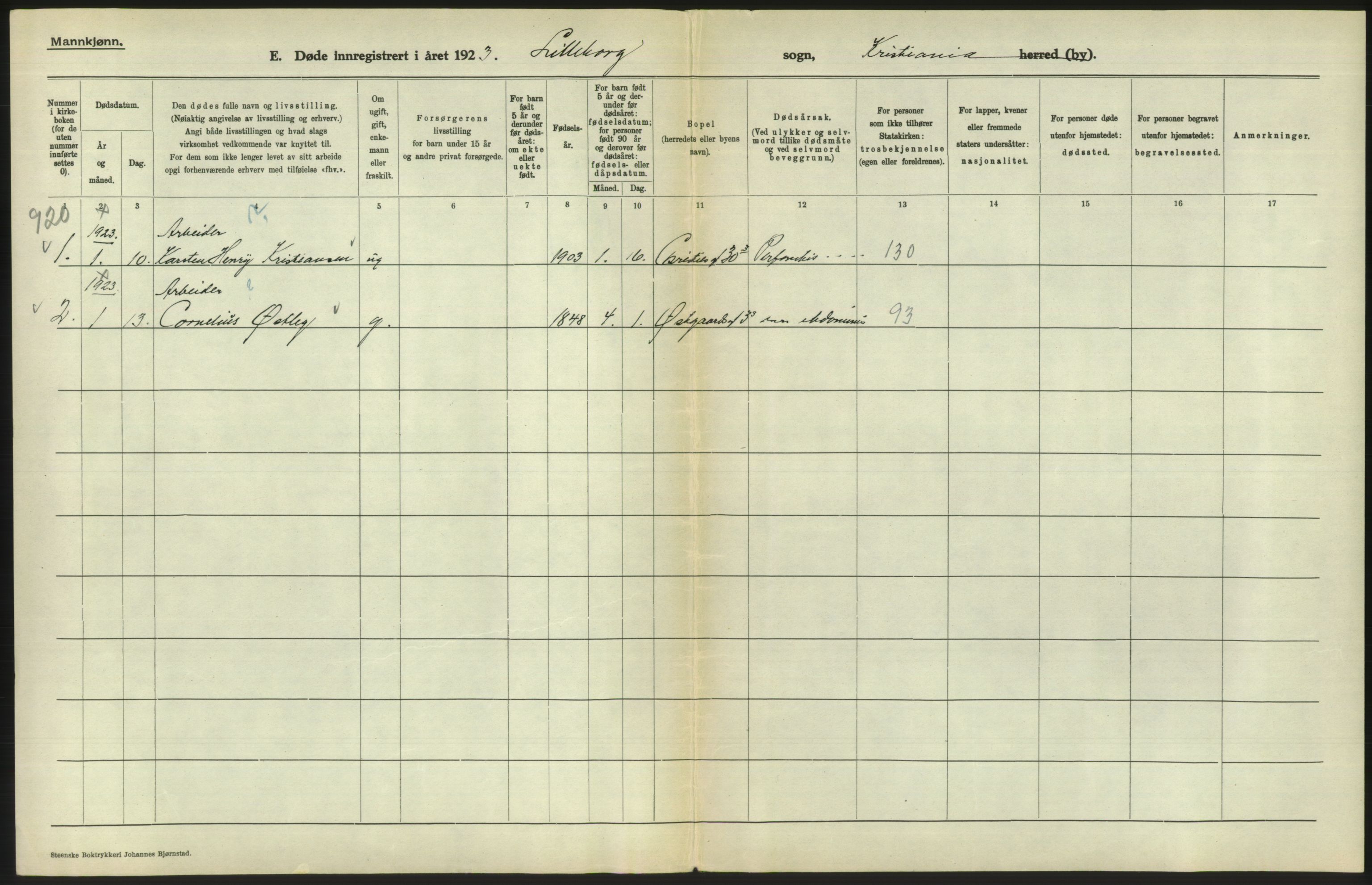 Statistisk sentralbyrå, Sosiodemografiske emner, Befolkning, AV/RA-S-2228/D/Df/Dfc/Dfcc/L0010: Kristiania: Døde, dødfødte, 1923, s. 538