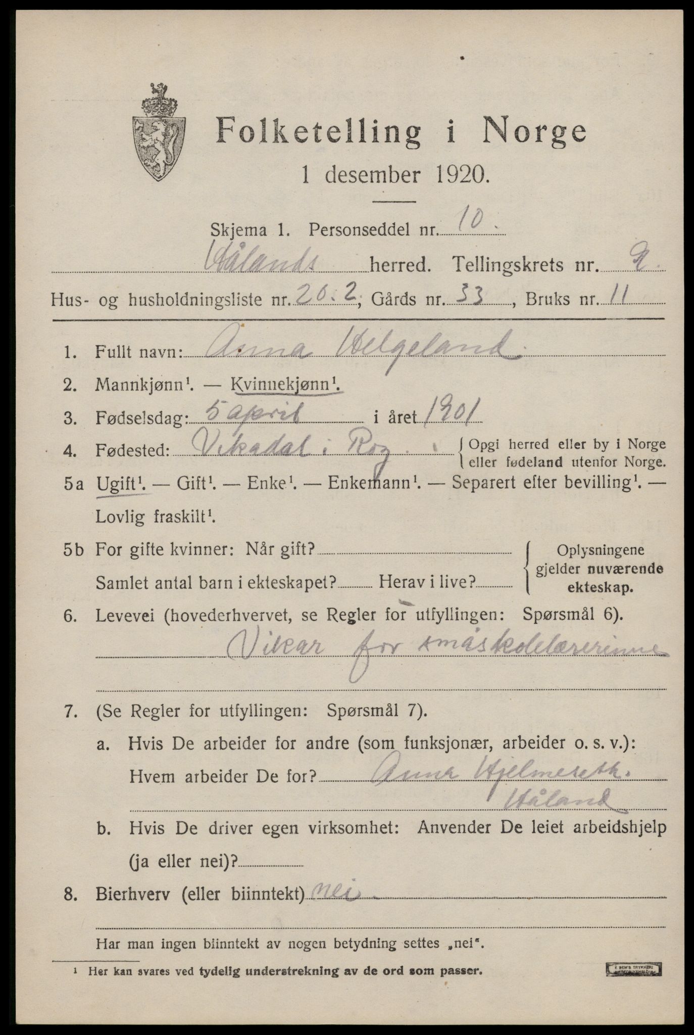 SAST, Folketelling 1920 for 1124 Håland herred, 1920, s. 7205