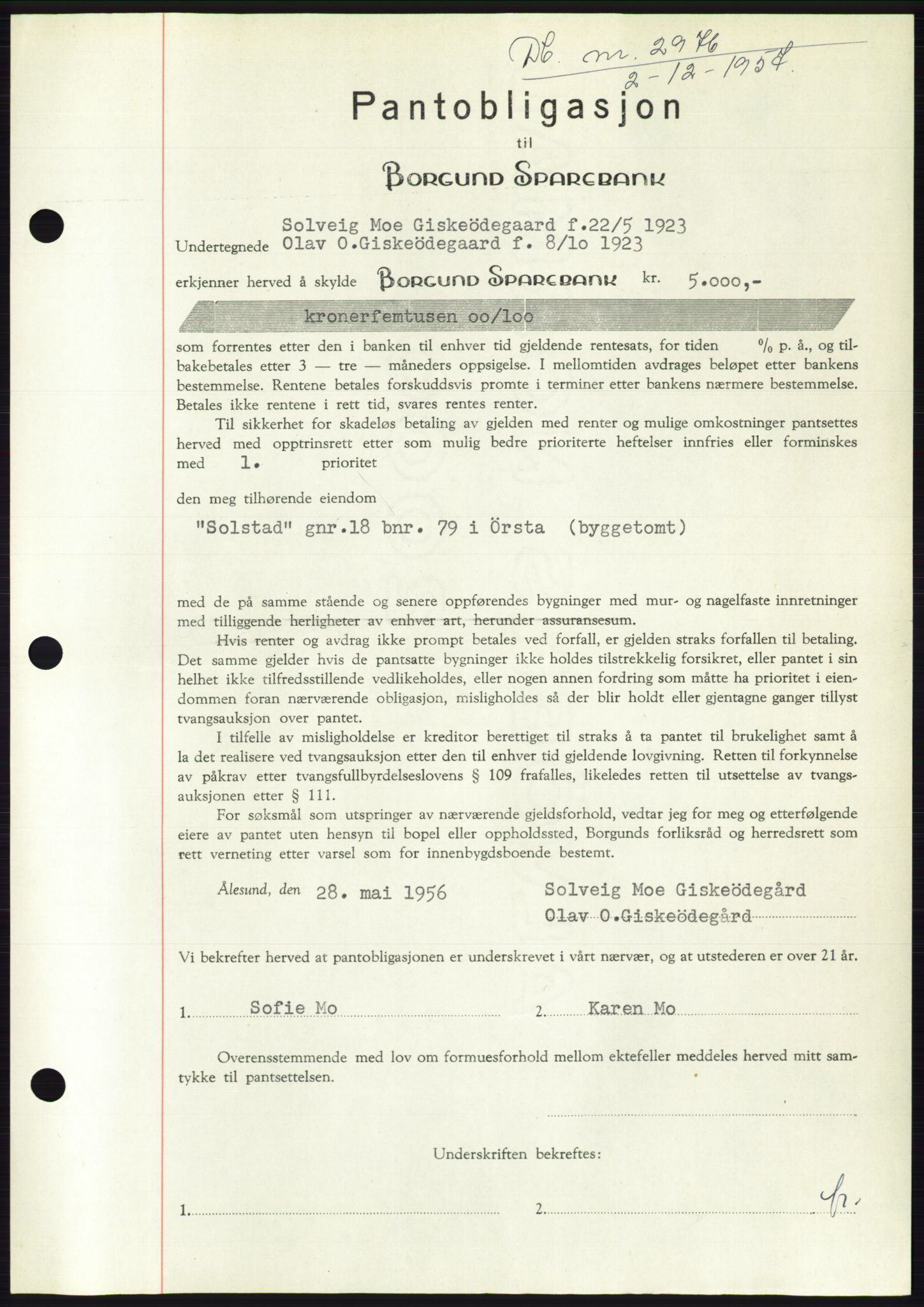 Søre Sunnmøre sorenskriveri, AV/SAT-A-4122/1/2/2C/L0130: Pantebok nr. 18B, 1957-1958, Dagboknr: 2976/1957