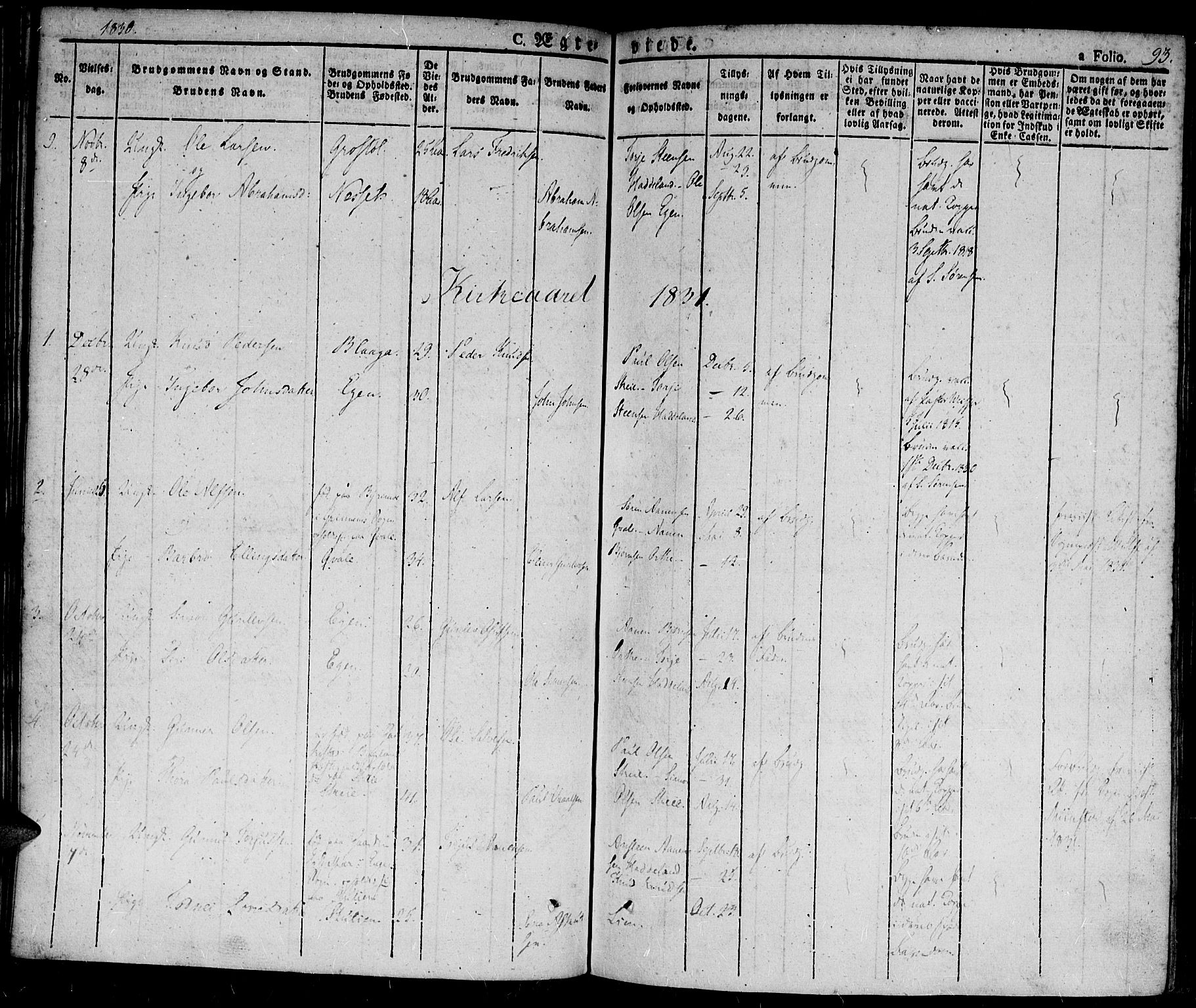 Hægebostad sokneprestkontor, SAK/1111-0024/F/Fa/Fab/L0001: Ministerialbok nr. A 1, 1823-1867, s. 93