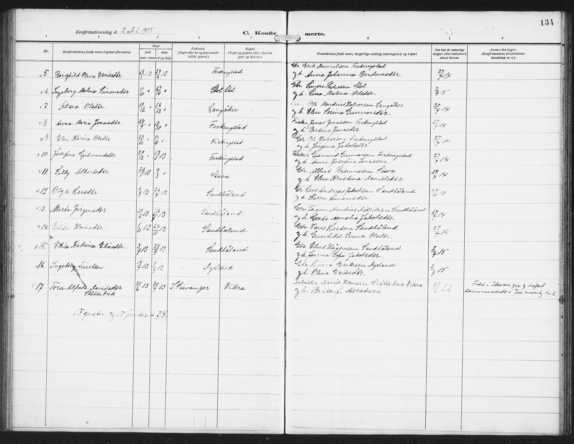 Skudenes sokneprestkontor, AV/SAST-A -101849/H/Ha/Hab/L0011: Klokkerbok nr. B 11, 1909-1943, s. 134