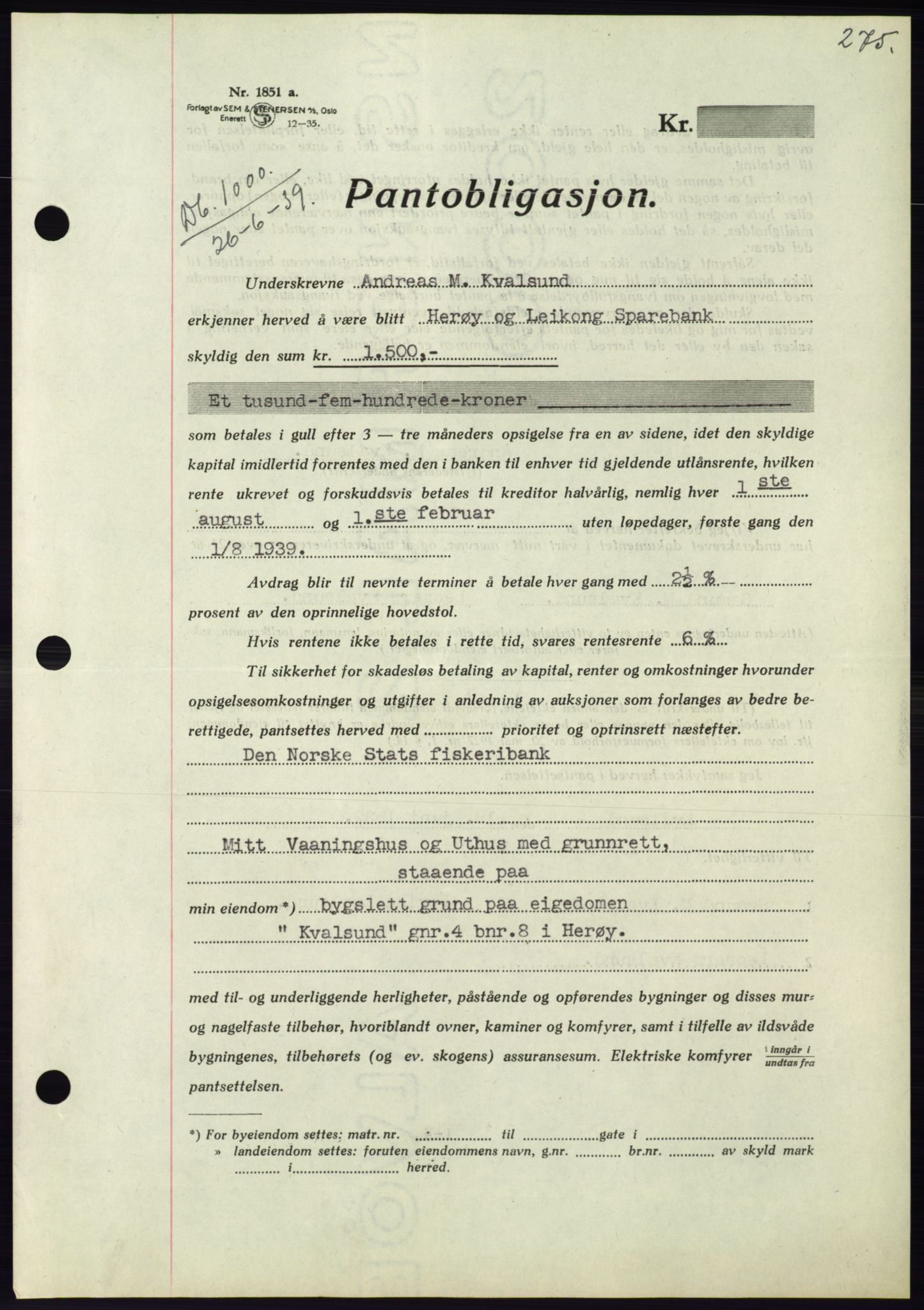 Søre Sunnmøre sorenskriveri, AV/SAT-A-4122/1/2/2C/L0068: Pantebok nr. 62, 1939-1939, Dagboknr: 1000/1939