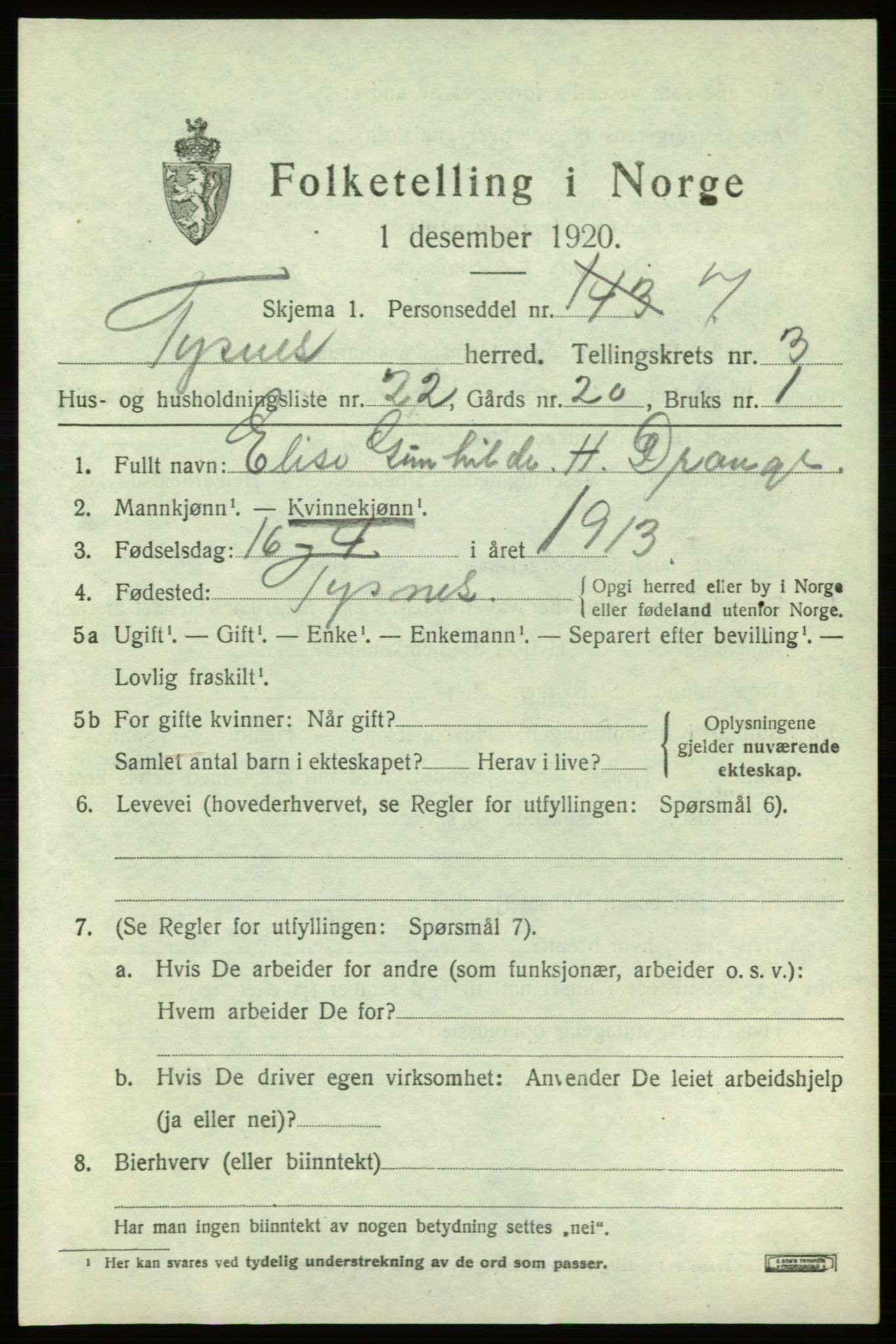 SAB, Folketelling 1920 for 1223 Tysnes herred, 1920, s. 3126