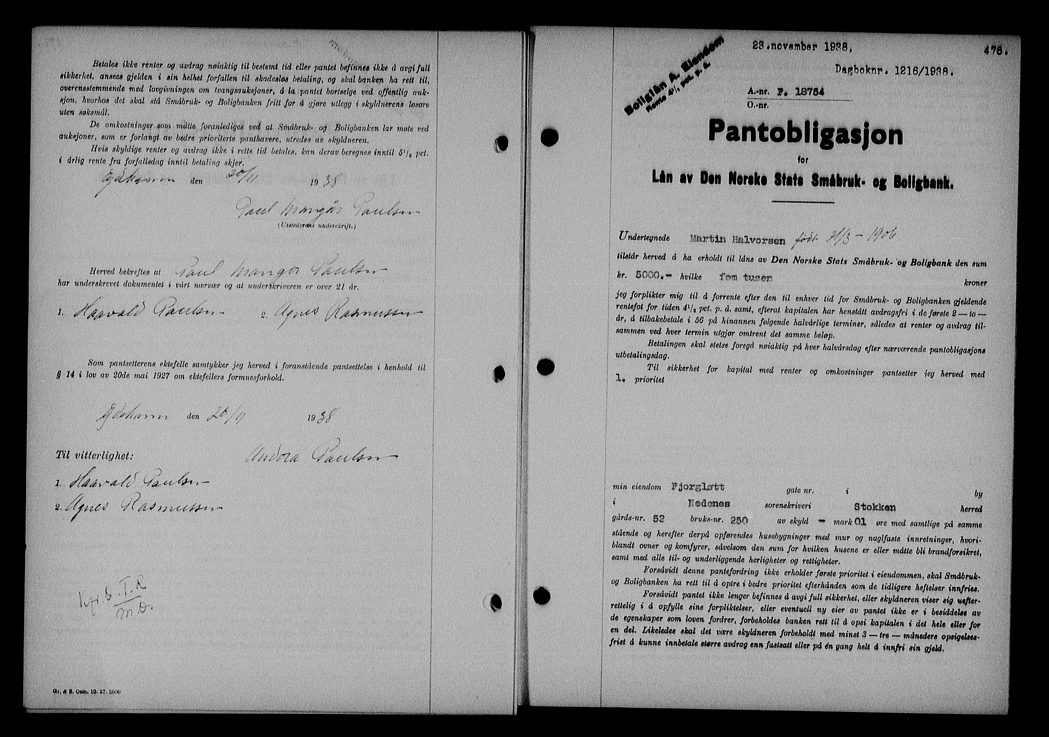 Nedenes sorenskriveri, SAK/1221-0006/G/Gb/Gba/L0045: Pantebok nr. 41, 1938-1938, Dagboknr: 1216/1938