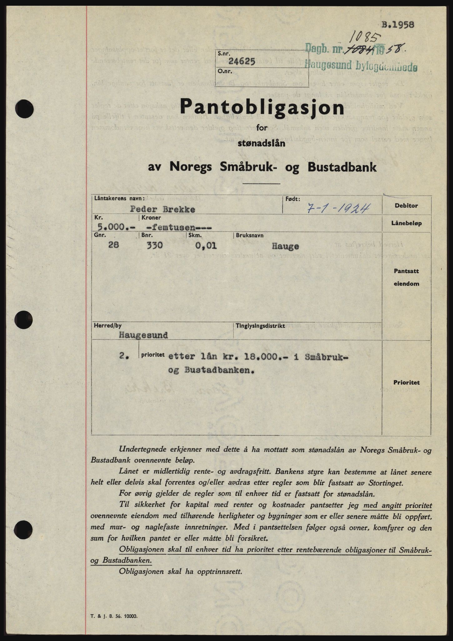 Haugesund tingrett, SAST/A-101415/01/II/IIC/L0044: Pantebok nr. B 44, 1958-1959, Dagboknr: 1085/1958
