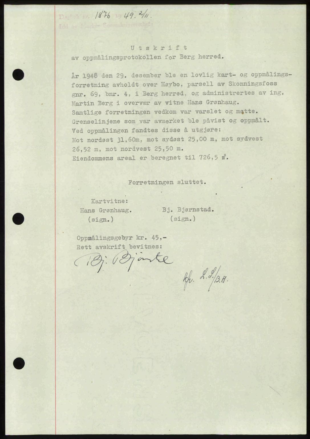 Idd og Marker sorenskriveri, AV/SAO-A-10283/G/Gb/Gbb/L0013: Pantebok nr. A13, 1949-1950, Dagboknr: 1876/1949
