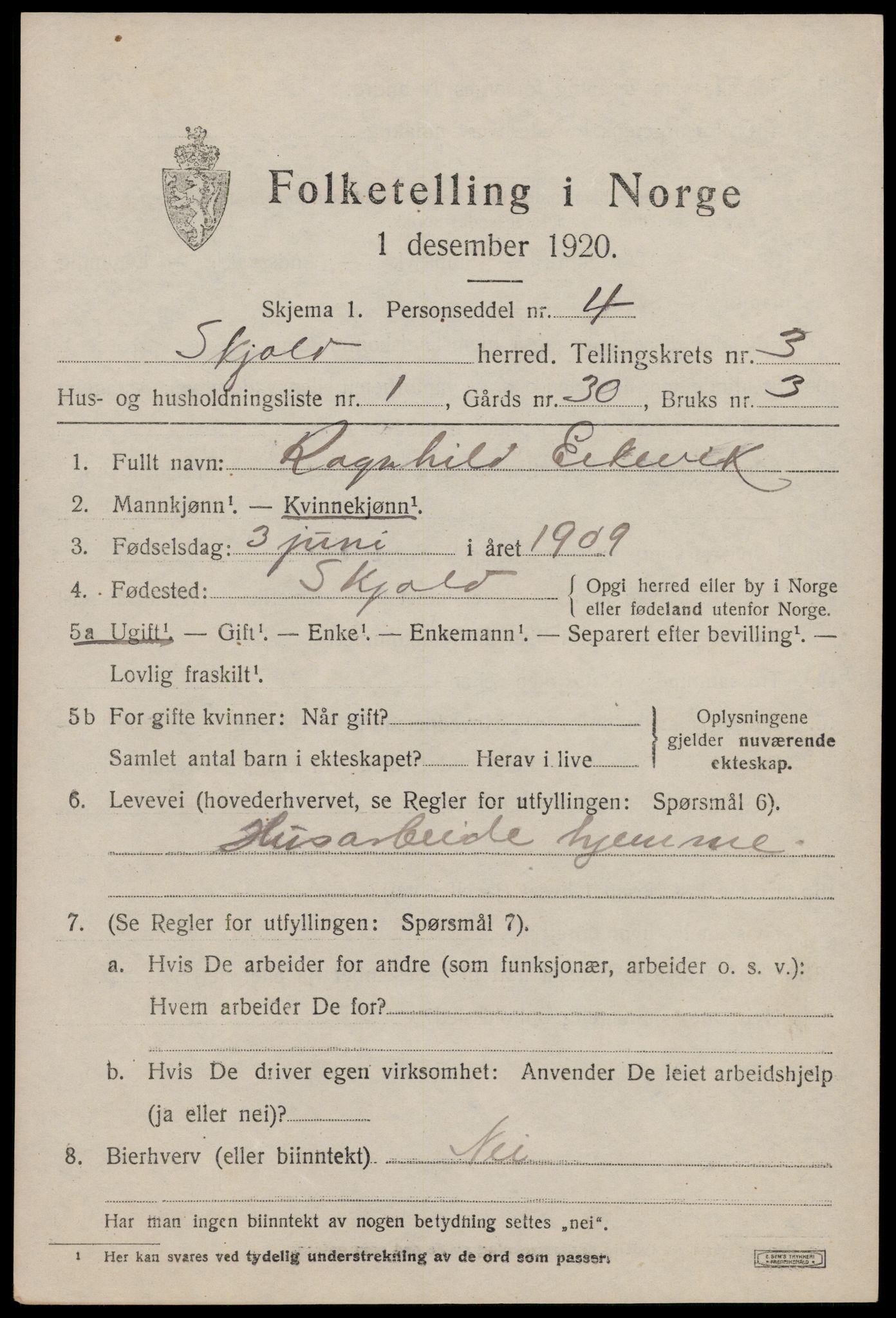 SAST, Folketelling 1920 for 1154 Skjold herred, 1920, s. 2008