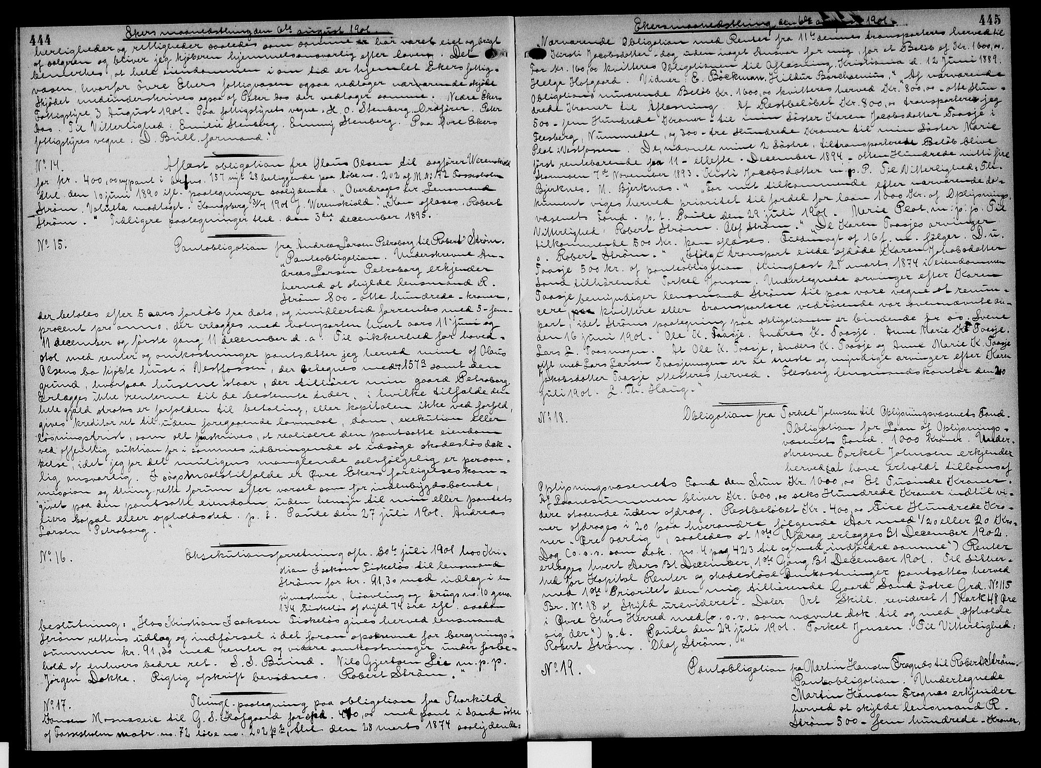Eiker, Modum og Sigdal sorenskriveri, SAKO/A-123/G/Ga/Gaa/L0024: Pantebok nr. I 24, 1900-1902, s. 444-445