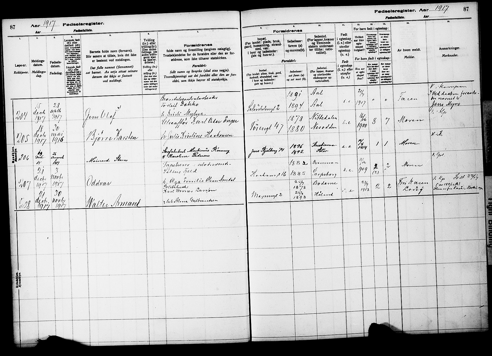 Kampen prestekontor Kirkebøker, AV/SAO-A-10853/J/Ja/L0001: Fødselsregister nr. 1, 1916-1920, s. 87