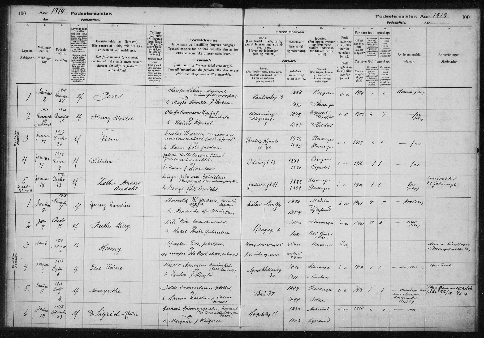 St. Petri sokneprestkontor, AV/SAST-A-101813/002/A/L0001: Fødselsregister nr. 1, 1916-1922, s. 100