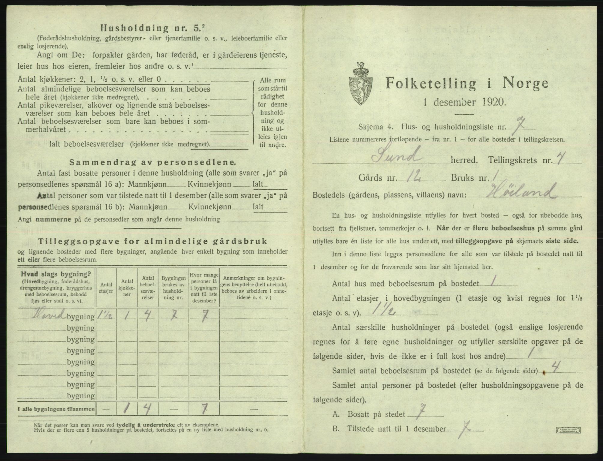 SAB, Folketelling 1920 for 1245 Sund herred, 1920, s. 295