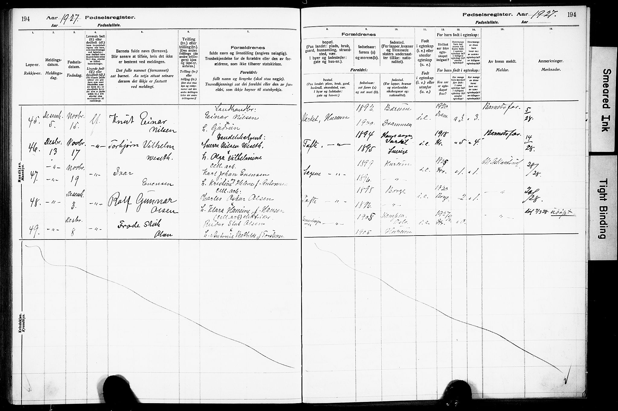 Hurum kirkebøker, AV/SAKO-A-229/J/Ja/L0001: Fødselsregister nr. 1, 1916-1928, s. 194