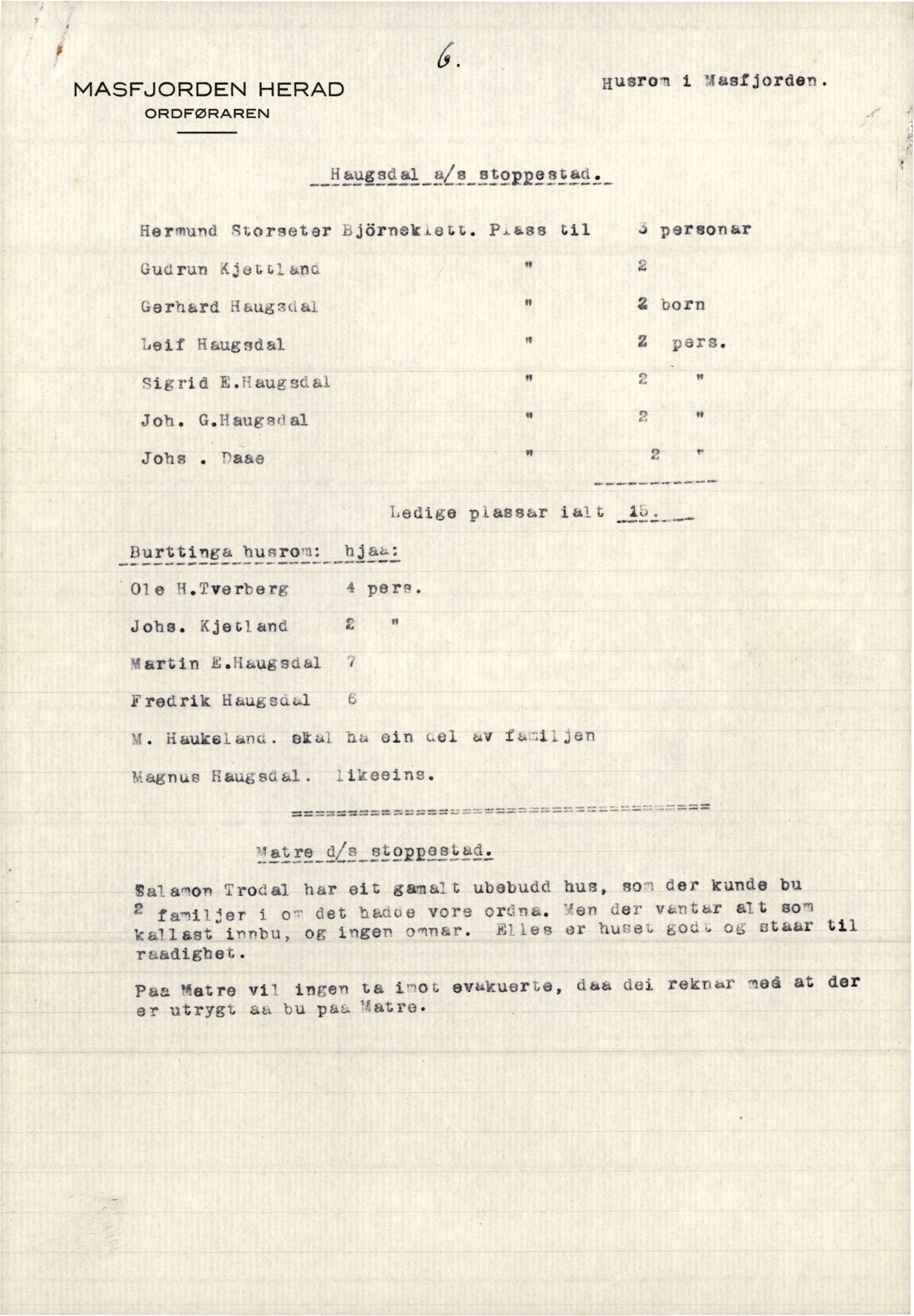 Masfjorden kommune. Formannskapet, IKAH/1266-021/E/Ea/L0004/0001: E - J / Evakuerte frå Bergen og Laksevåg, 1944