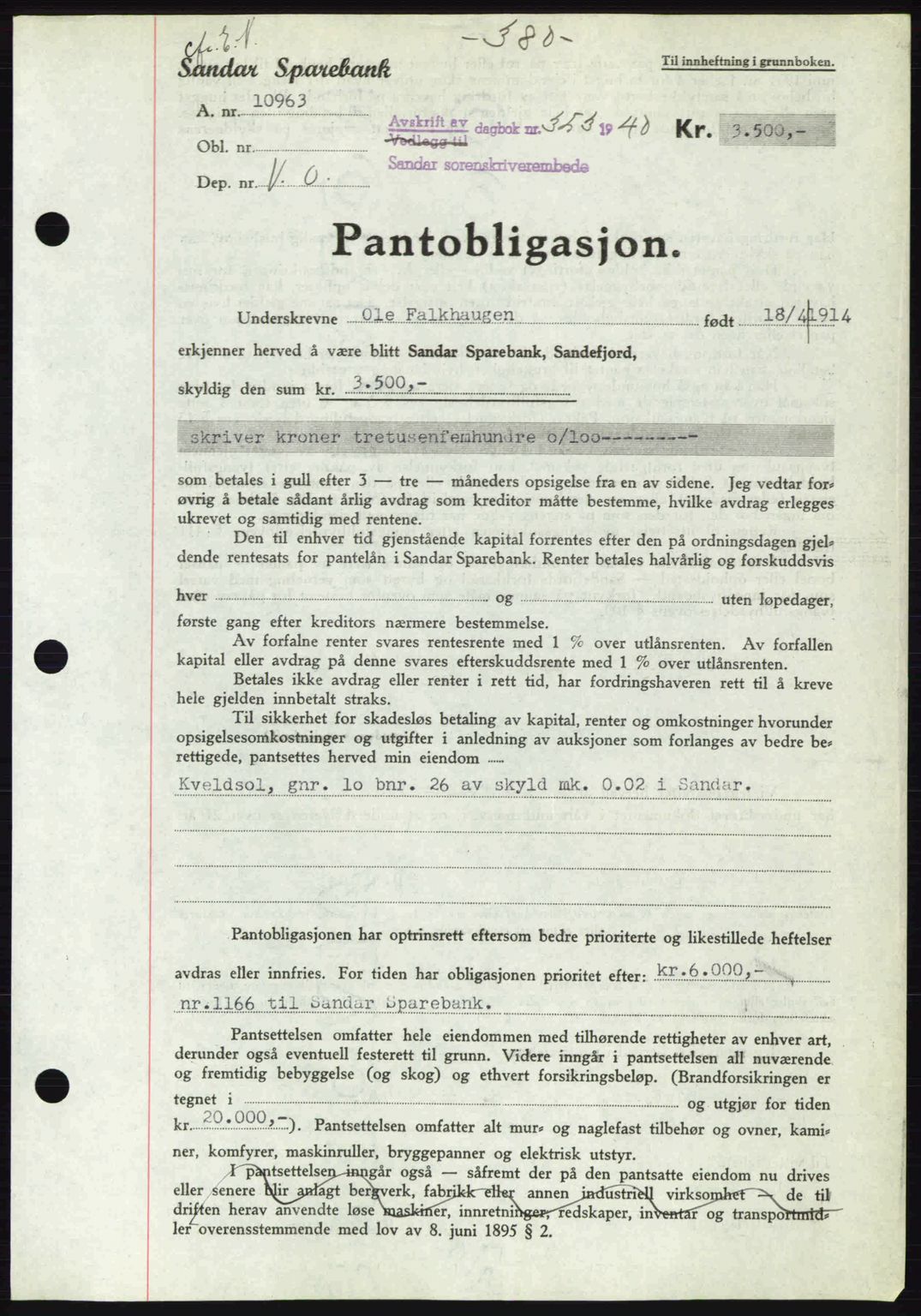 Sandar sorenskriveri, SAKO/A-86/G/Ga/Gab/L0001: Pantebok nr. B-1 og B-3 - B-9, 1936-1944, Dagboknr: 353/1940