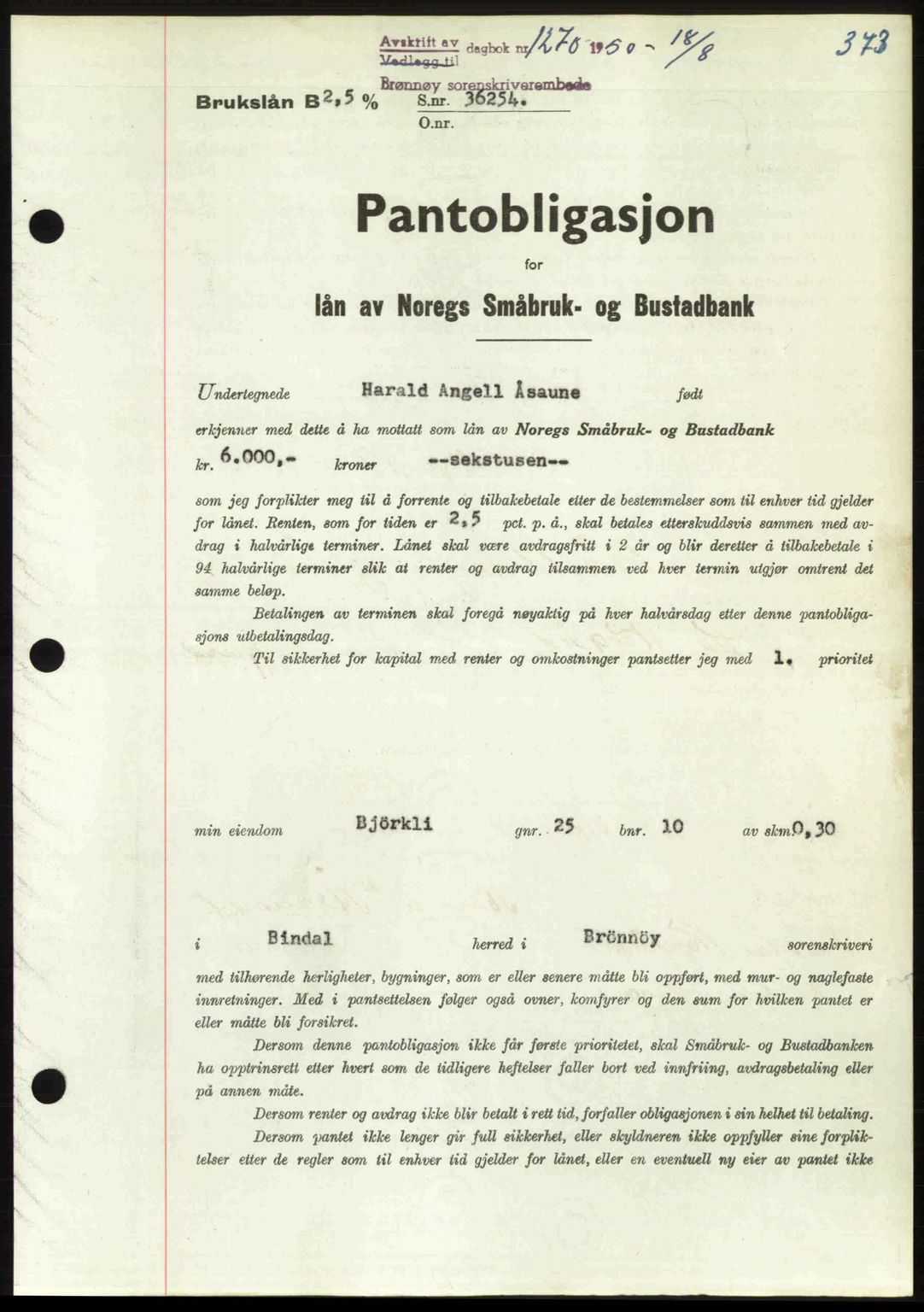 Brønnøy sorenskriveri, SAT/A-4170/1/2/2C: Pantebok nr. 36, 1950-1950, Dagboknr: 1270/1950
