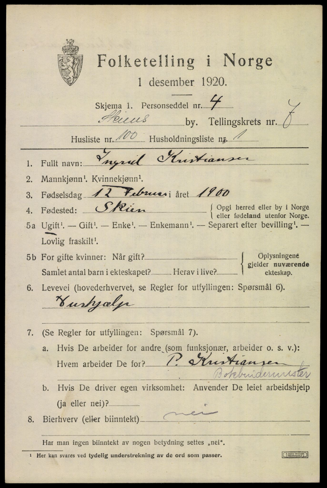 SAKO, Folketelling 1920 for 0806 Skien kjøpstad, 1920, s. 26622