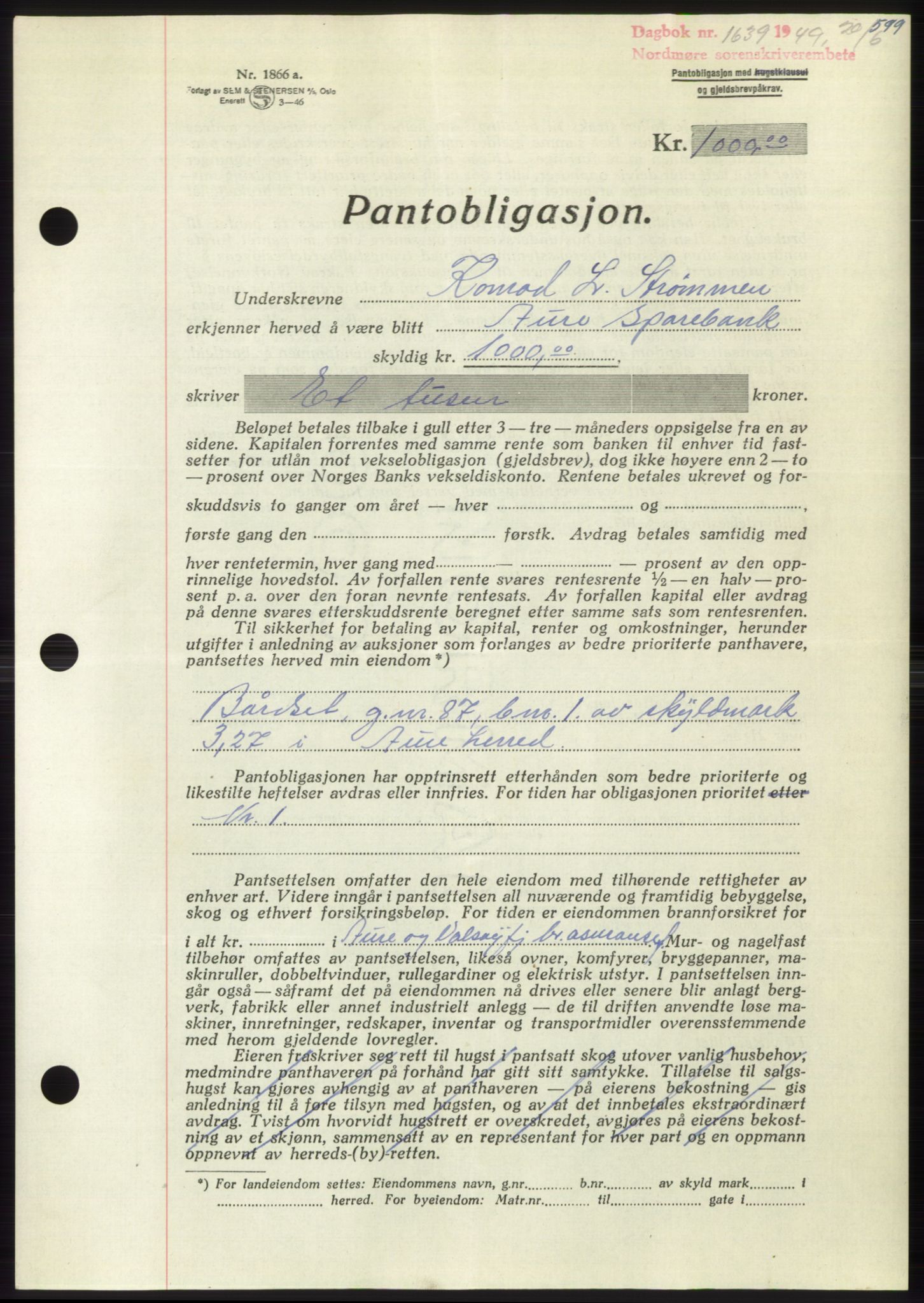 Nordmøre sorenskriveri, SAT/A-4132/1/2/2Ca: Pantebok nr. B101, 1949-1949, Dagboknr: 1639/1949