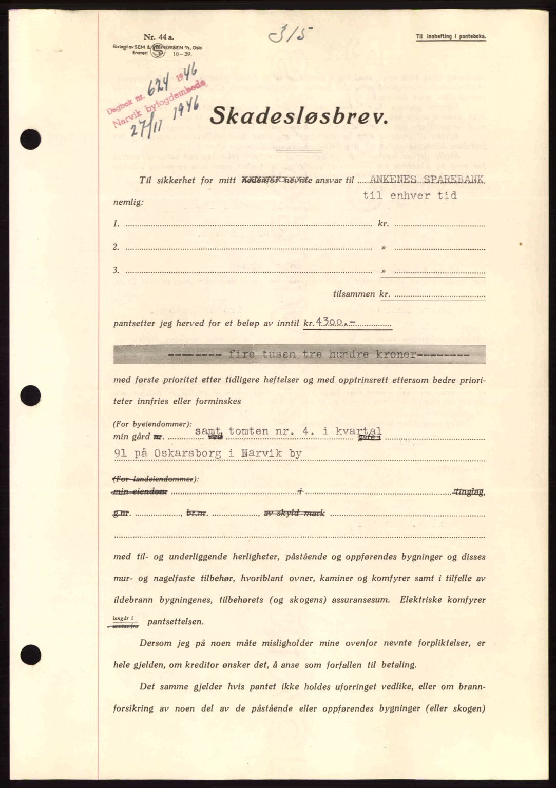 Narvik sorenskriveri, SAT/A-0002/1/2/2C/2Ca: Pantebok nr. A21, 1946-1947, Dagboknr: 624/1946