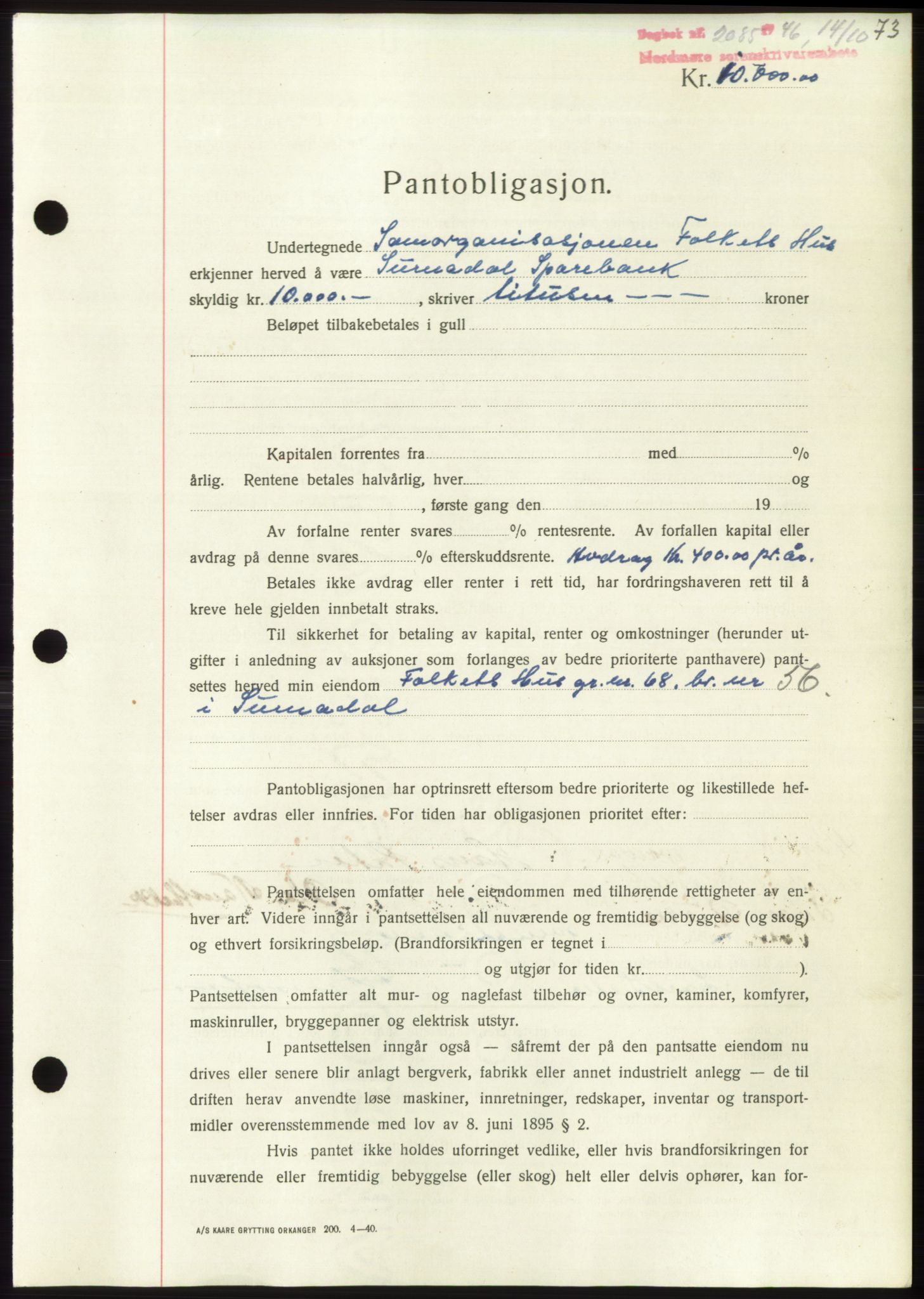 Nordmøre sorenskriveri, SAT/A-4132/1/2/2Ca: Pantebok nr. B95, 1946-1947, Dagboknr: 2085/1946