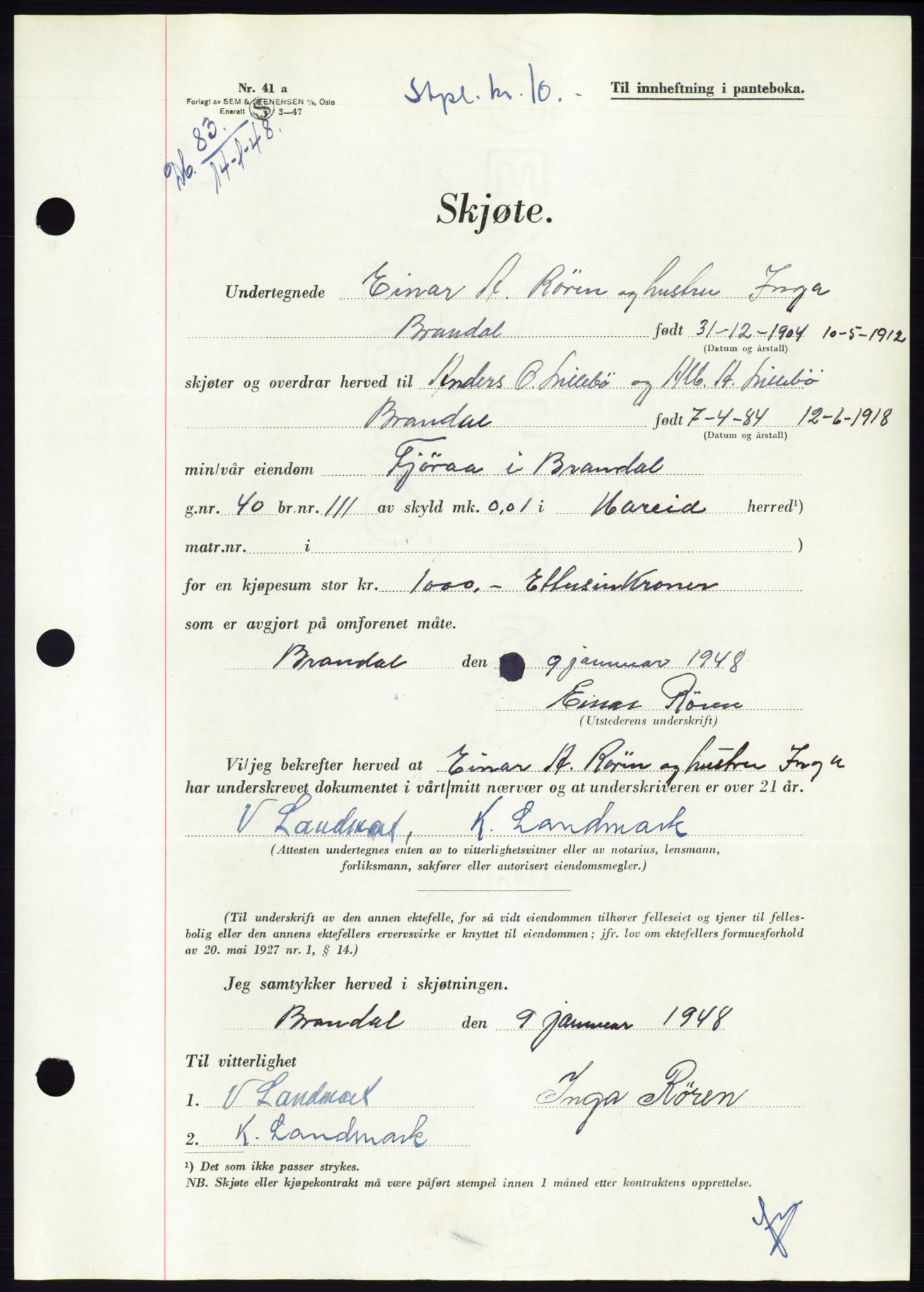 Søre Sunnmøre sorenskriveri, AV/SAT-A-4122/1/2/2C/L0081: Pantebok nr. 7A, 1947-1948, Dagboknr: 83/1948