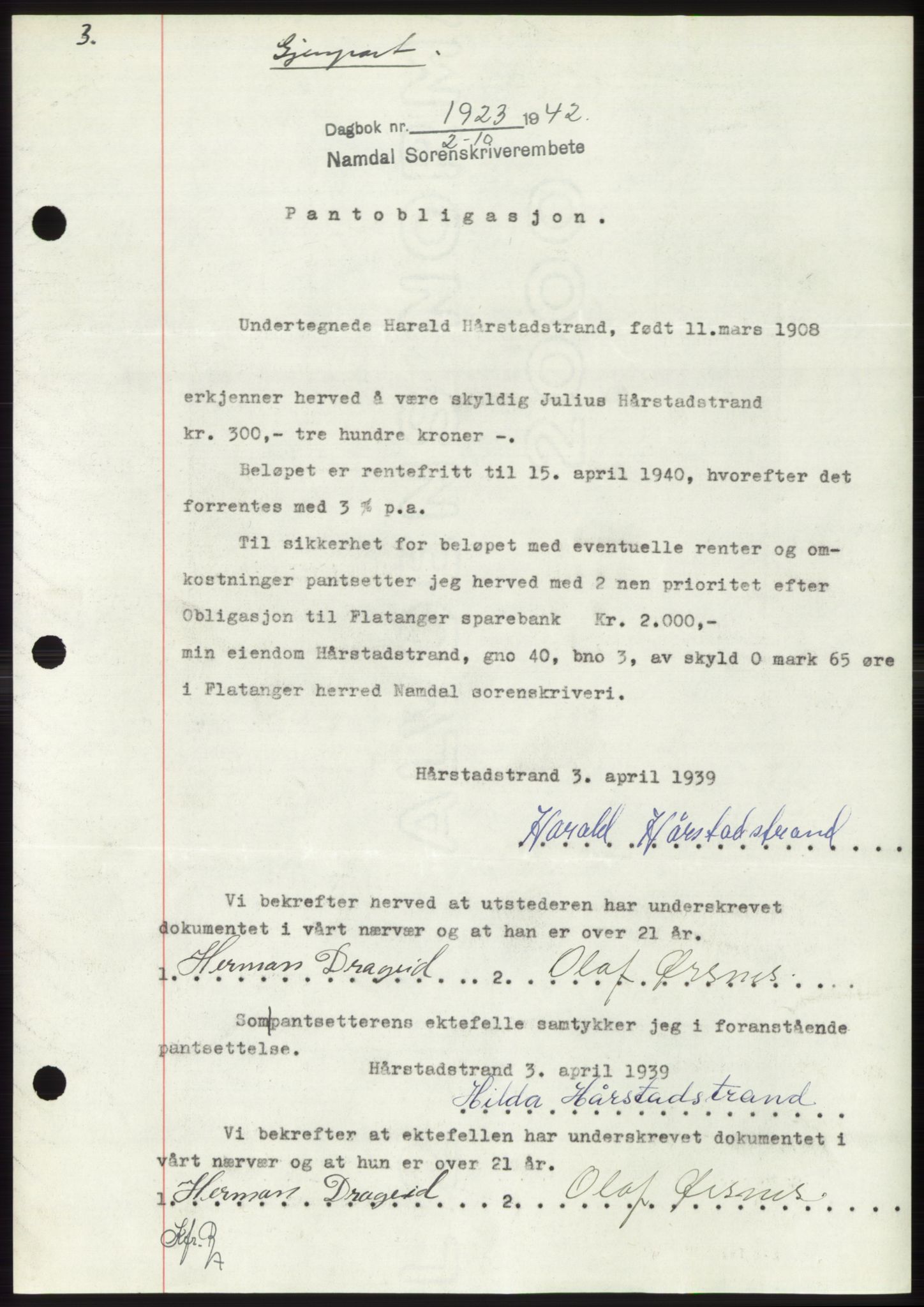 Namdal sorenskriveri, SAT/A-4133/1/2/2C: Pantebok nr. -, 1942-1943, Dagboknr: 1923/1942