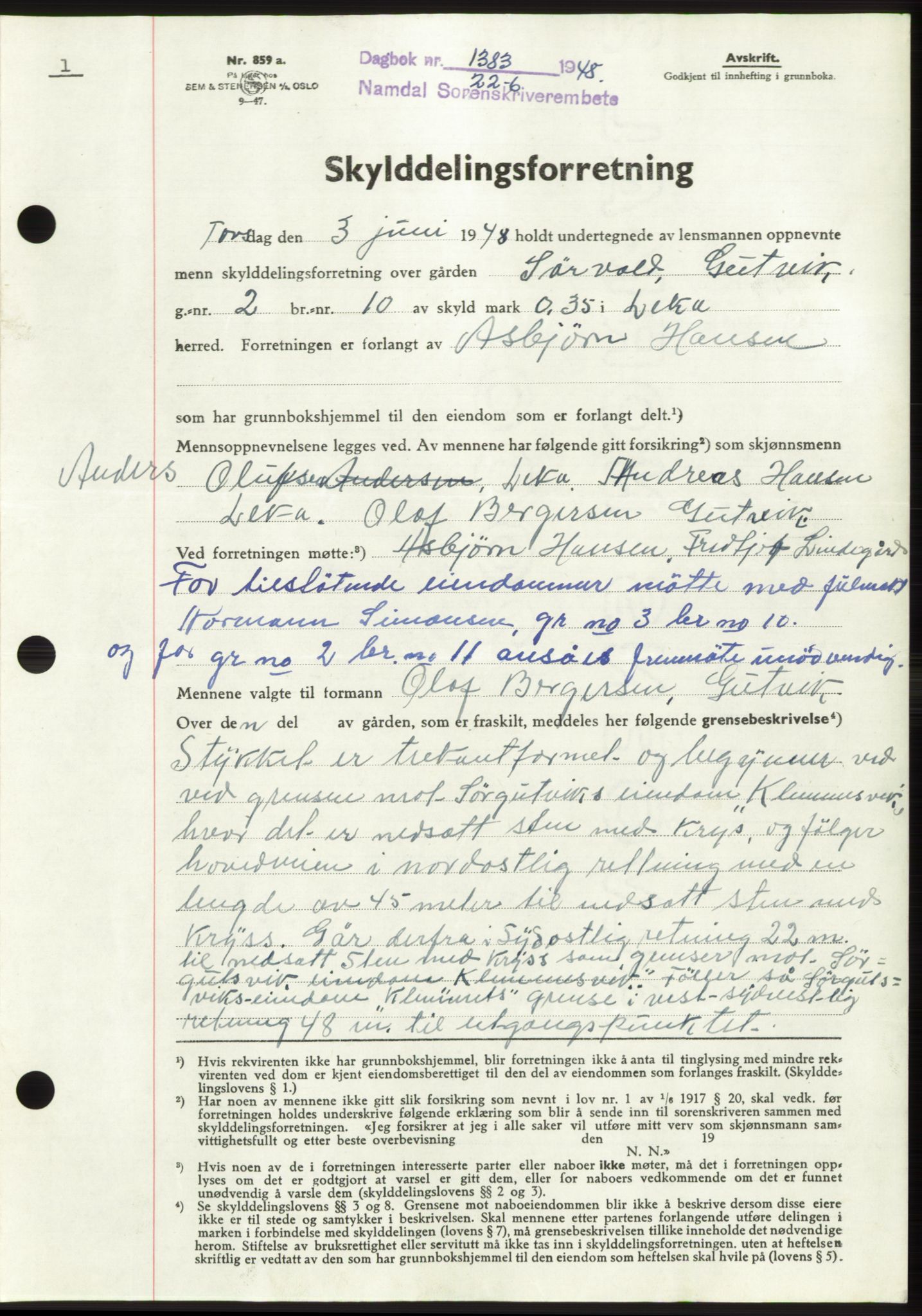 Namdal sorenskriveri, SAT/A-4133/1/2/2C: Pantebok nr. -, 1948-1948, Dagboknr: 1383/1948