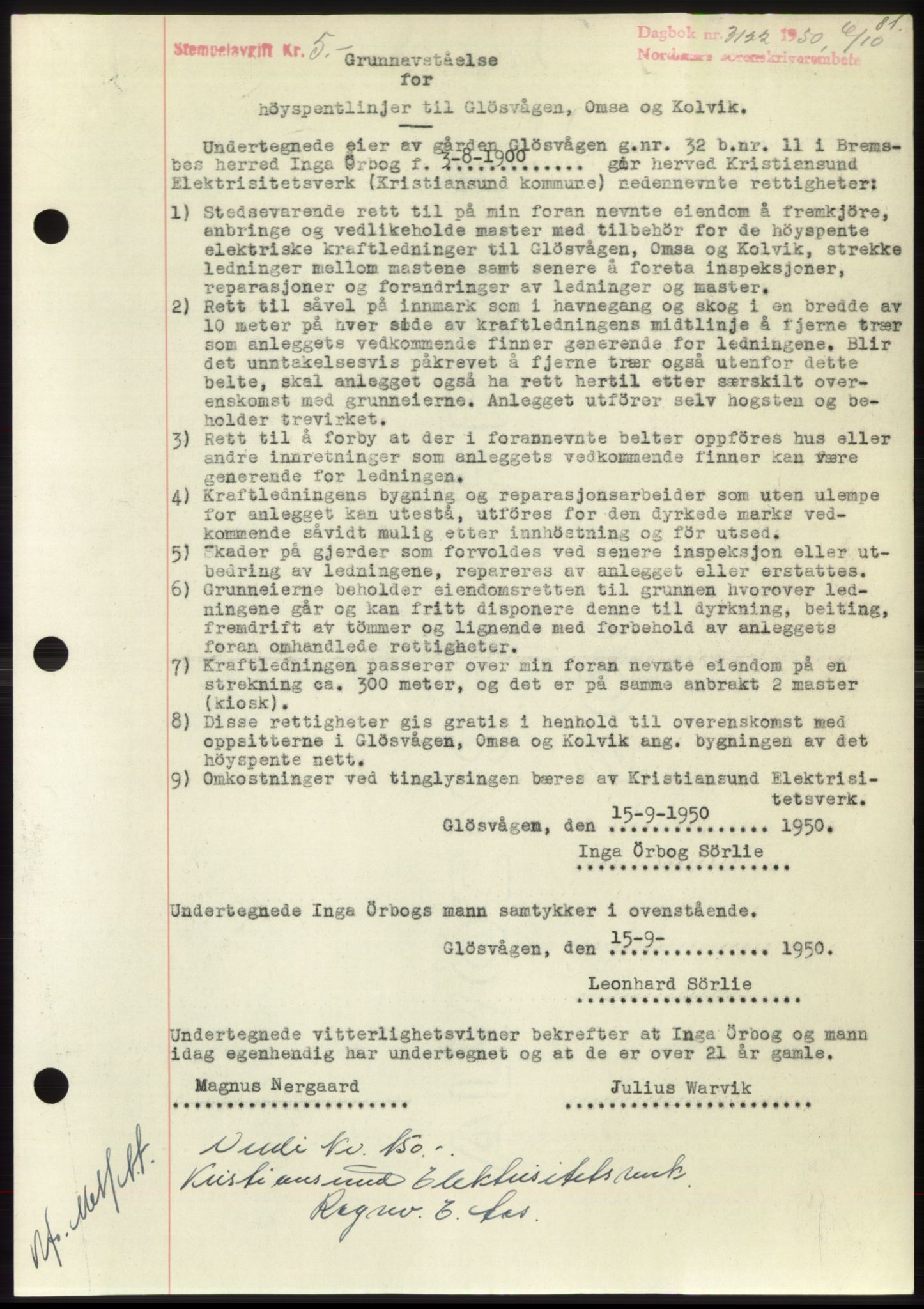 Nordmøre sorenskriveri, SAT/A-4132/1/2/2Ca: Pantebok nr. B106, 1950-1950, Dagboknr: 3122/1950