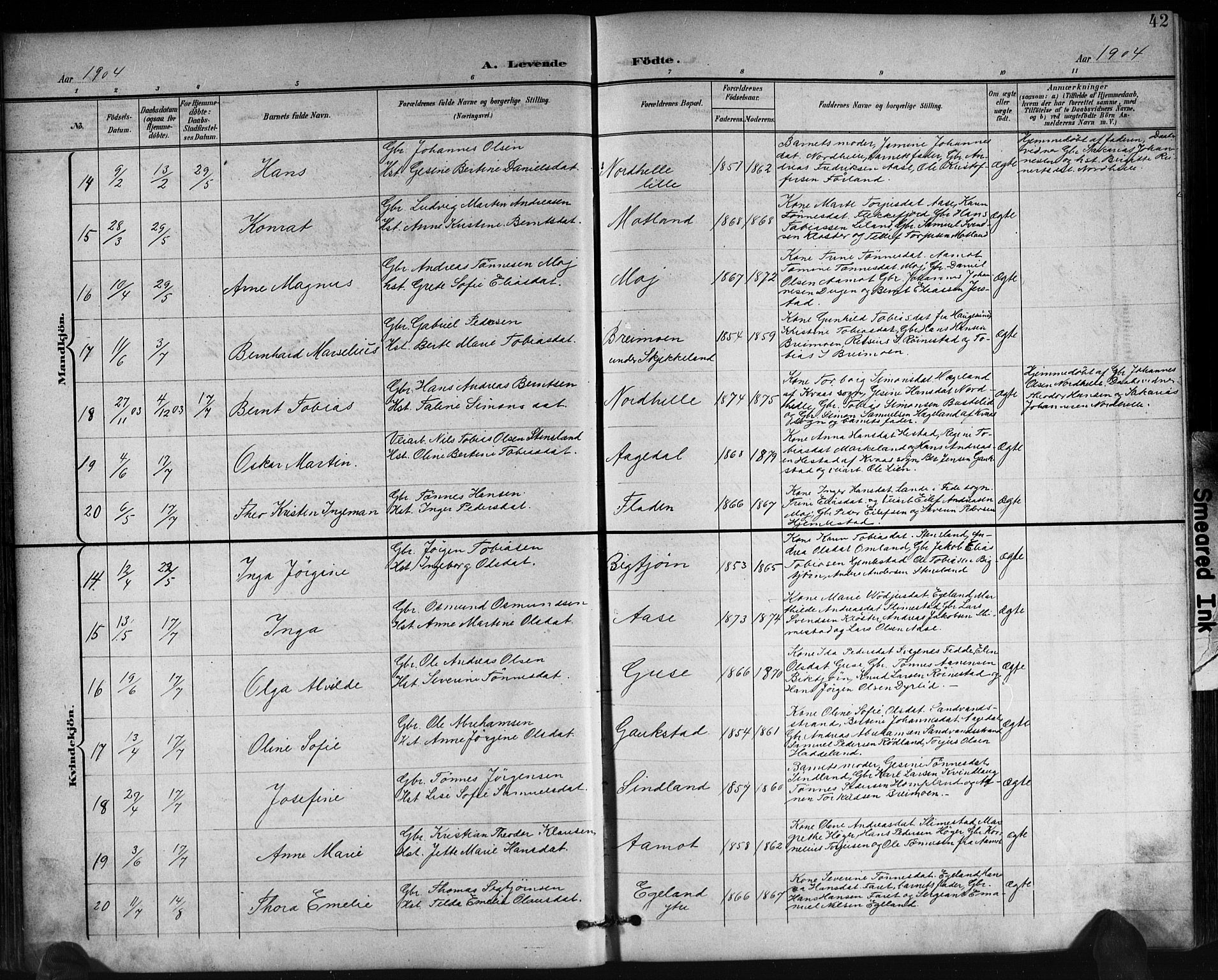 Kvinesdal sokneprestkontor, AV/SAK-1111-0026/F/Fb/Fbb/L0003: Klokkerbok nr. B 3, 1898-1916, s. 42