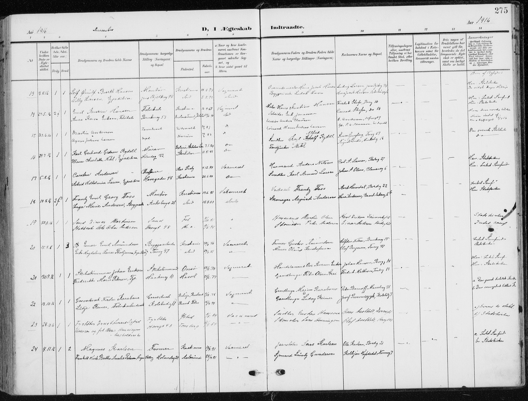 Kampen prestekontor Kirkebøker, AV/SAO-A-10853/F/Fa/L0011: Ministerialbok nr. I 11, 1907-1917, s. 275