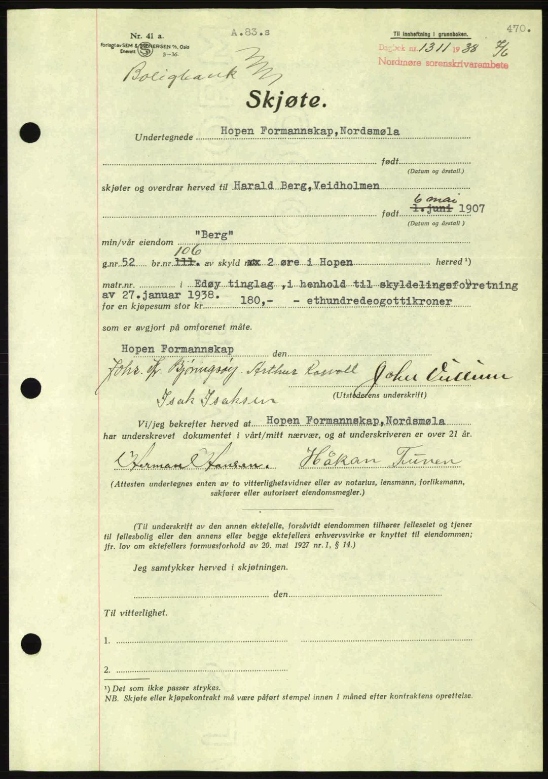 Nordmøre sorenskriveri, AV/SAT-A-4132/1/2/2Ca: Pantebok nr. A83, 1938-1938, Dagboknr: 1311/1938