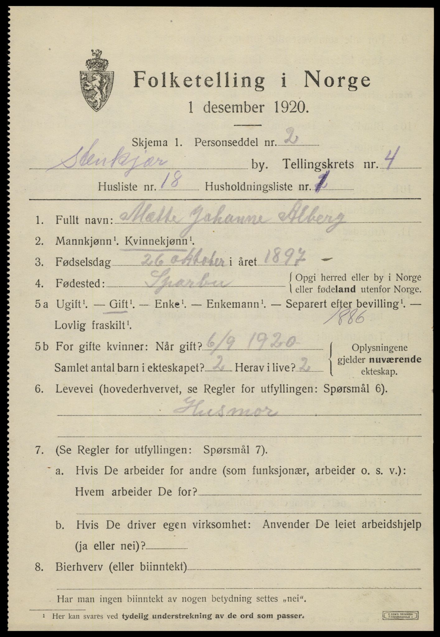 SAT, Folketelling 1920 for 1702 Steinkjer ladested, 1920, s. 7260