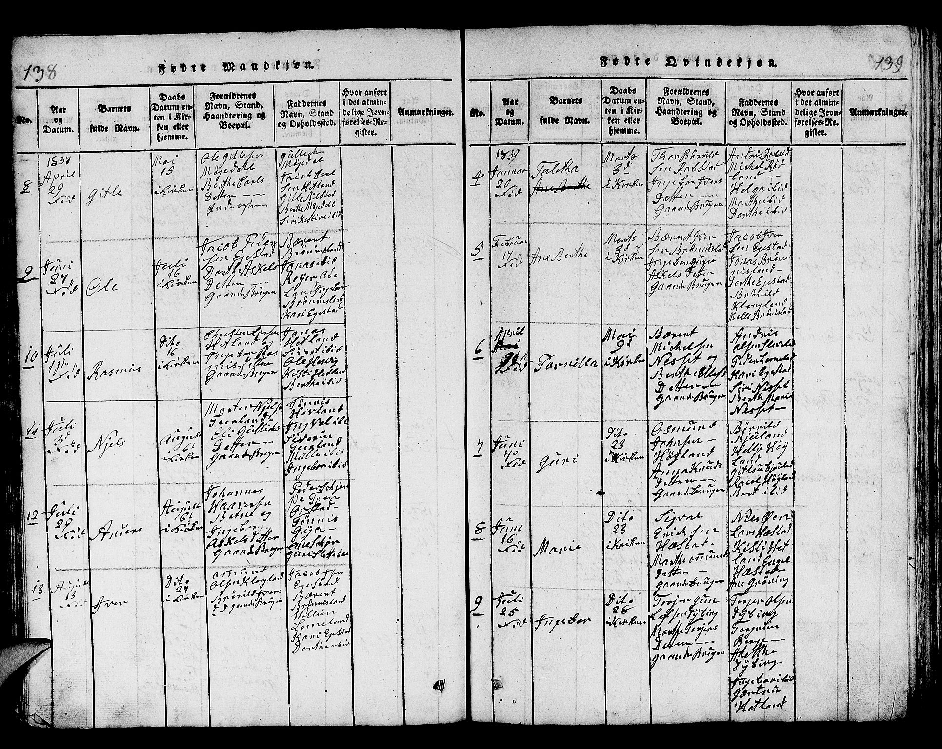 Helleland sokneprestkontor, AV/SAST-A-101810: Klokkerbok nr. B 1, 1815-1841, s. 138-139