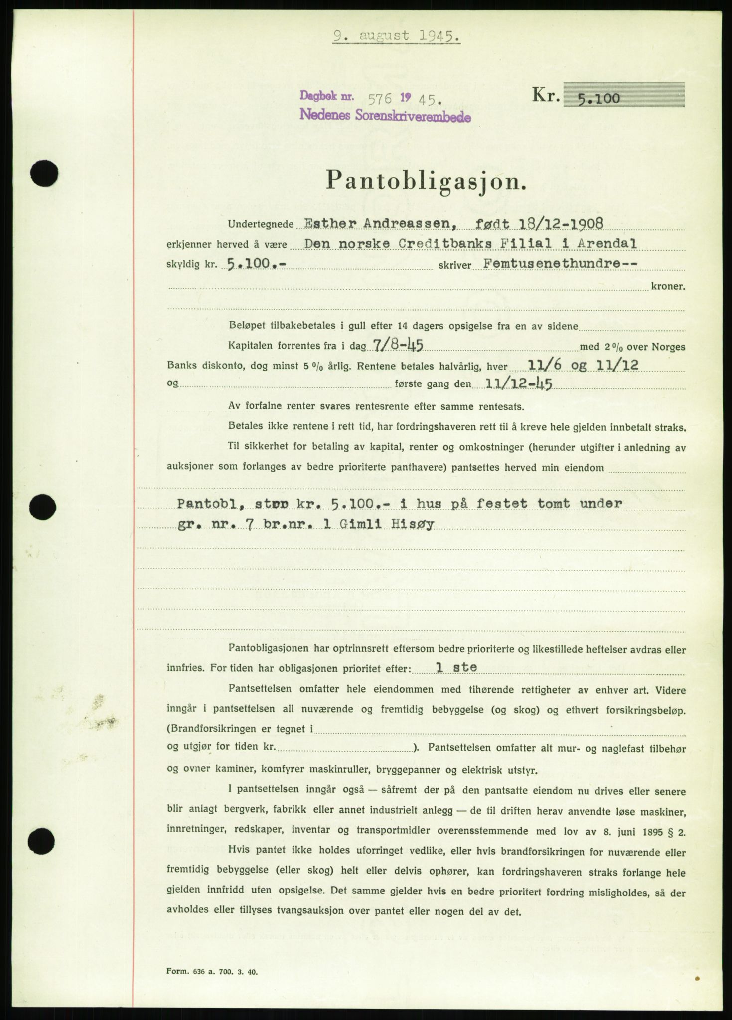 Nedenes sorenskriveri, SAK/1221-0006/G/Gb/Gbb/L0002: Pantebok nr. II, 1942-1945, Dagboknr: 576/1945