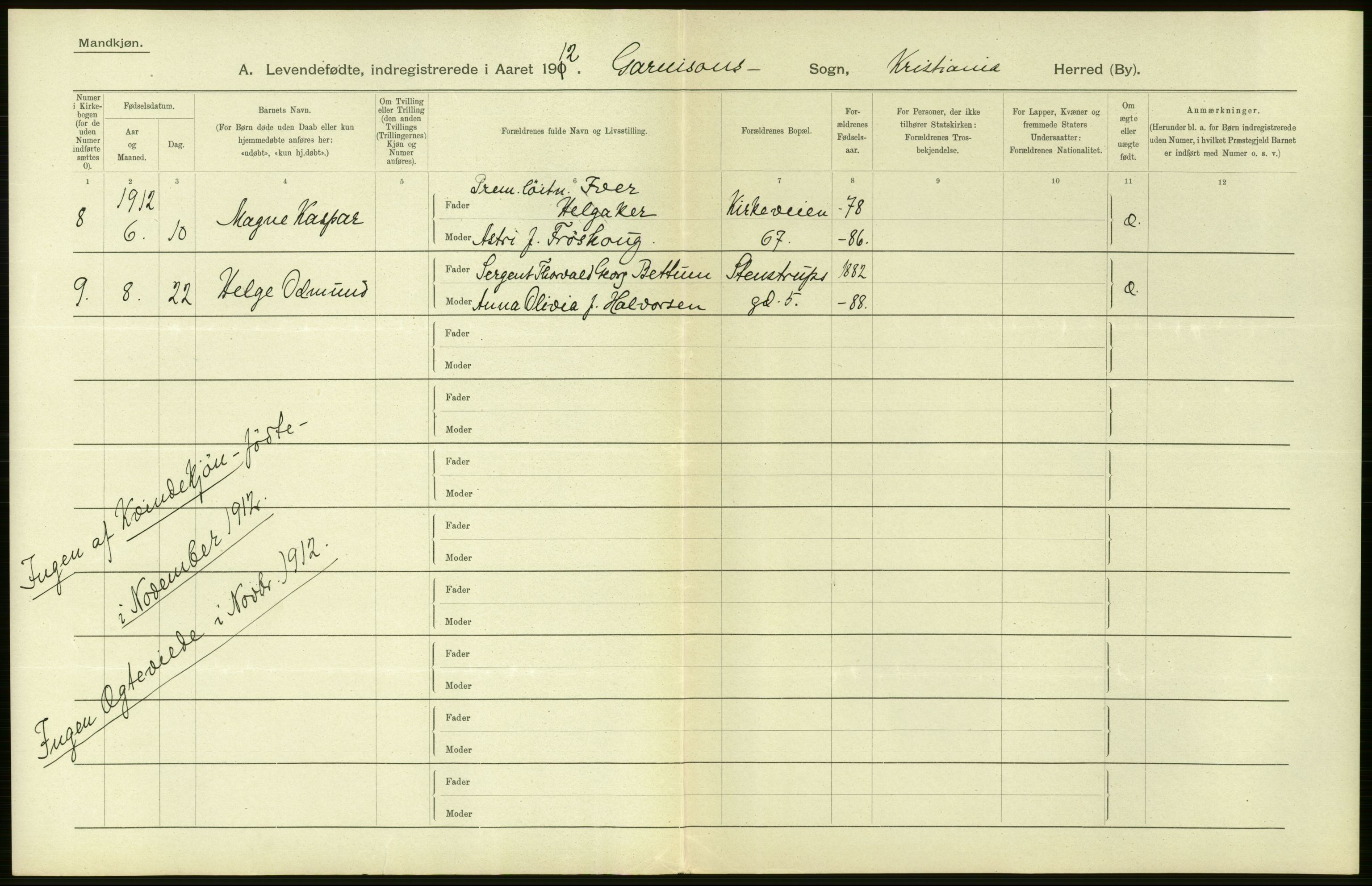 Statistisk sentralbyrå, Sosiodemografiske emner, Befolkning, AV/RA-S-2228/D/Df/Dfb/Dfbb/L0006: Kristiania:  Levendefødte menn og kvinner., 1912, s. 724