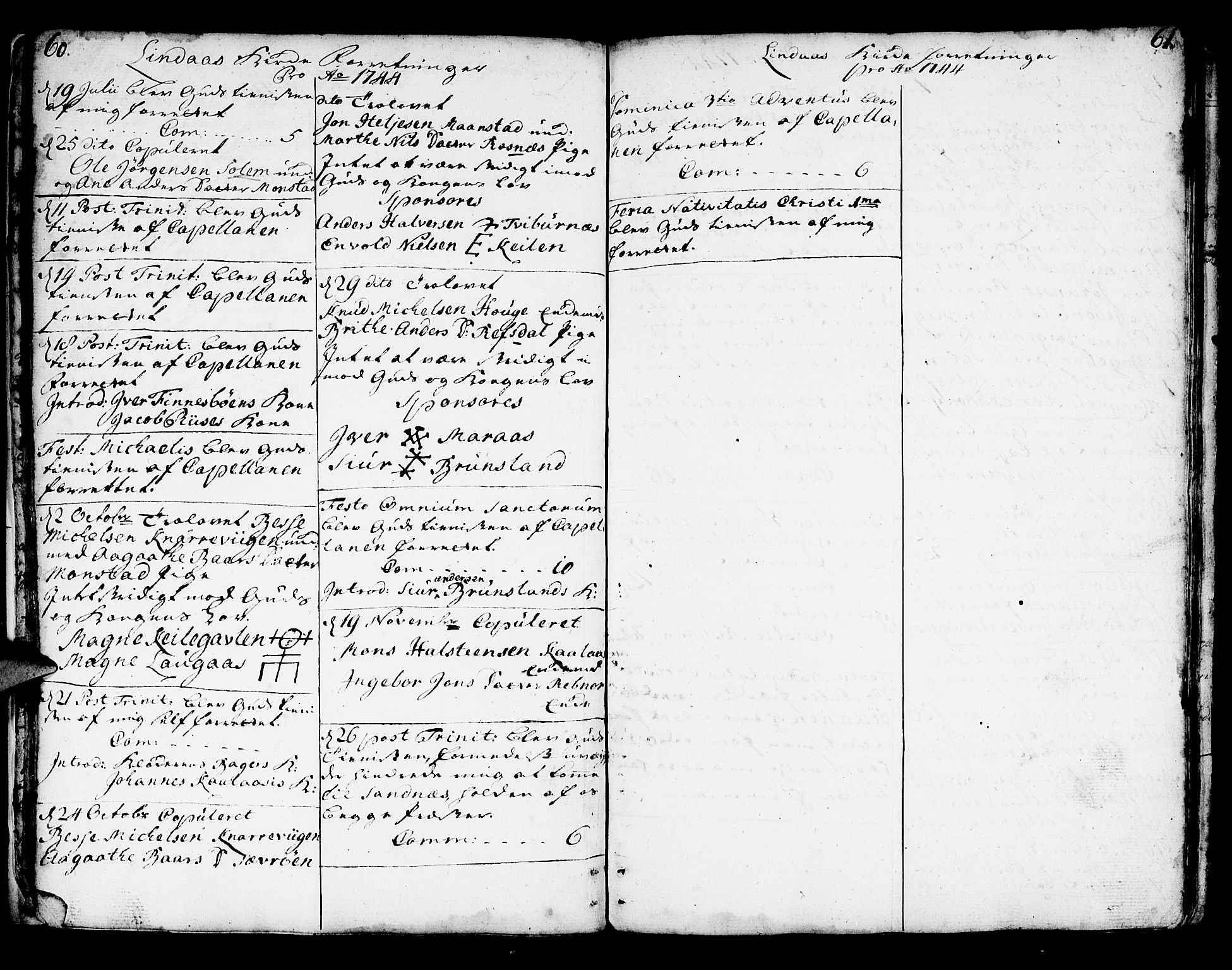 Lindås Sokneprestembete, AV/SAB-A-76701/H/Haa/Haaa/L0002: Ministerialbok nr. A 2, 1740-1748, s. 60-61