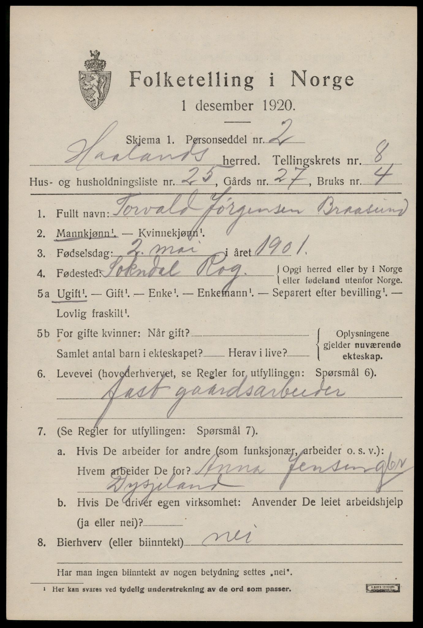 SAST, Folketelling 1920 for 1124 Håland herred, 1920, s. 6649