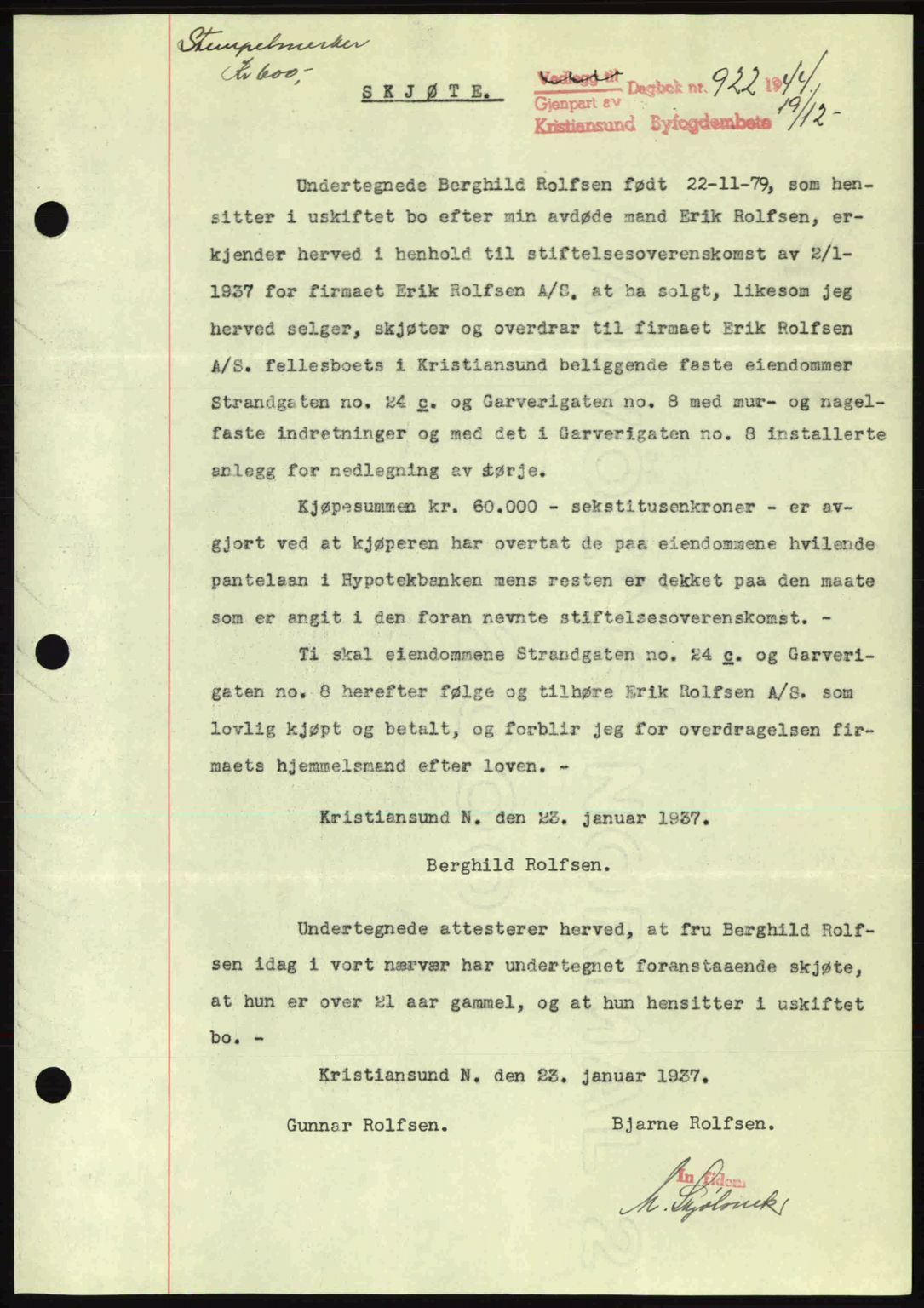 Kristiansund byfogd, AV/SAT-A-4587/A/27: Pantebok nr. 34, 1941-1945, Dagboknr: 922/1944