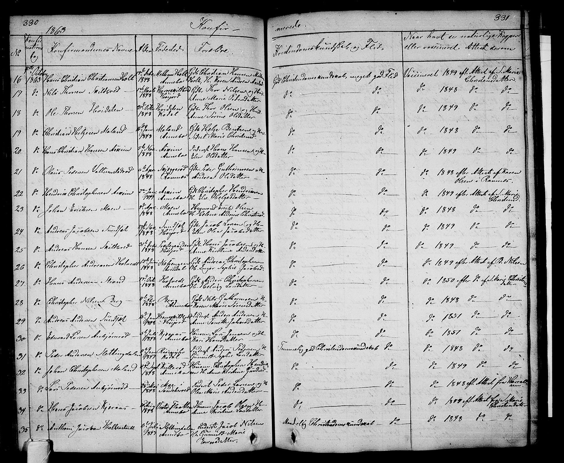 Andebu kirkebøker, AV/SAKO-A-336/G/Ga/L0003: Klokkerbok nr. I 3, 1832-1867, s. 330-331