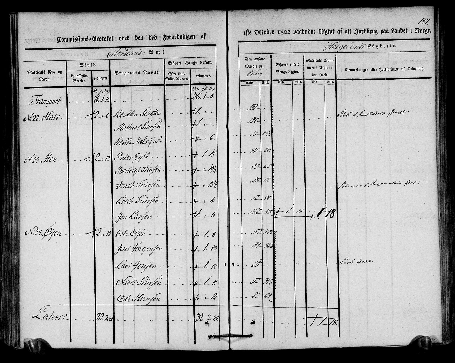 Rentekammeret inntil 1814, Realistisk ordnet avdeling, AV/RA-EA-4070/N/Ne/Nea/L0157: Helgeland fogderi. Kommisjonsprotokoll, 1803, s. 186